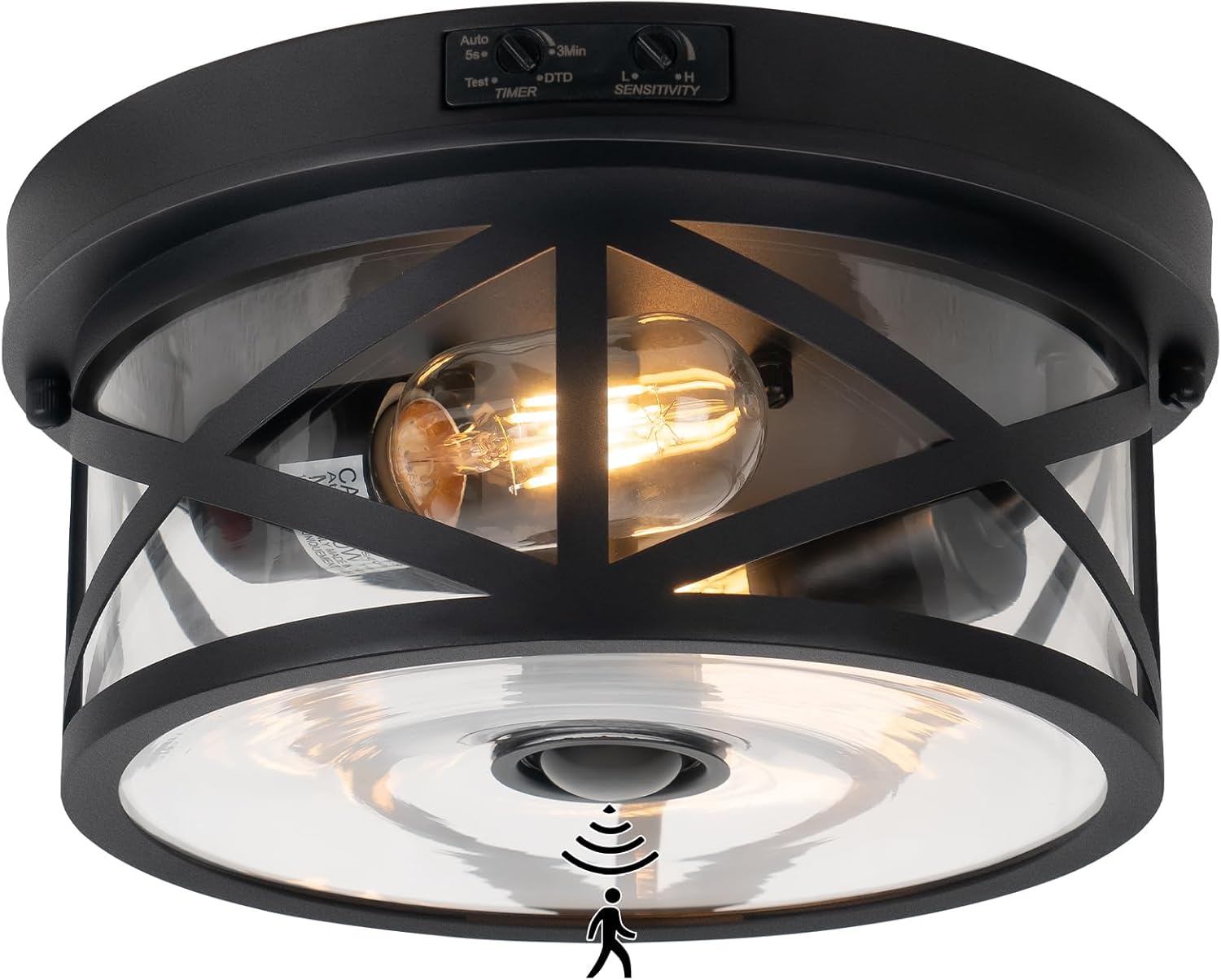 Motion Sensor Outdoor Ceiling Light, Adjustable Black Flush Mount Light Fixture, 2-Light Porch Lights Outdoor, Clear Glass Industrial Exterior Ceiling Lights for Patio, Garage, Entryway, Farmhouse