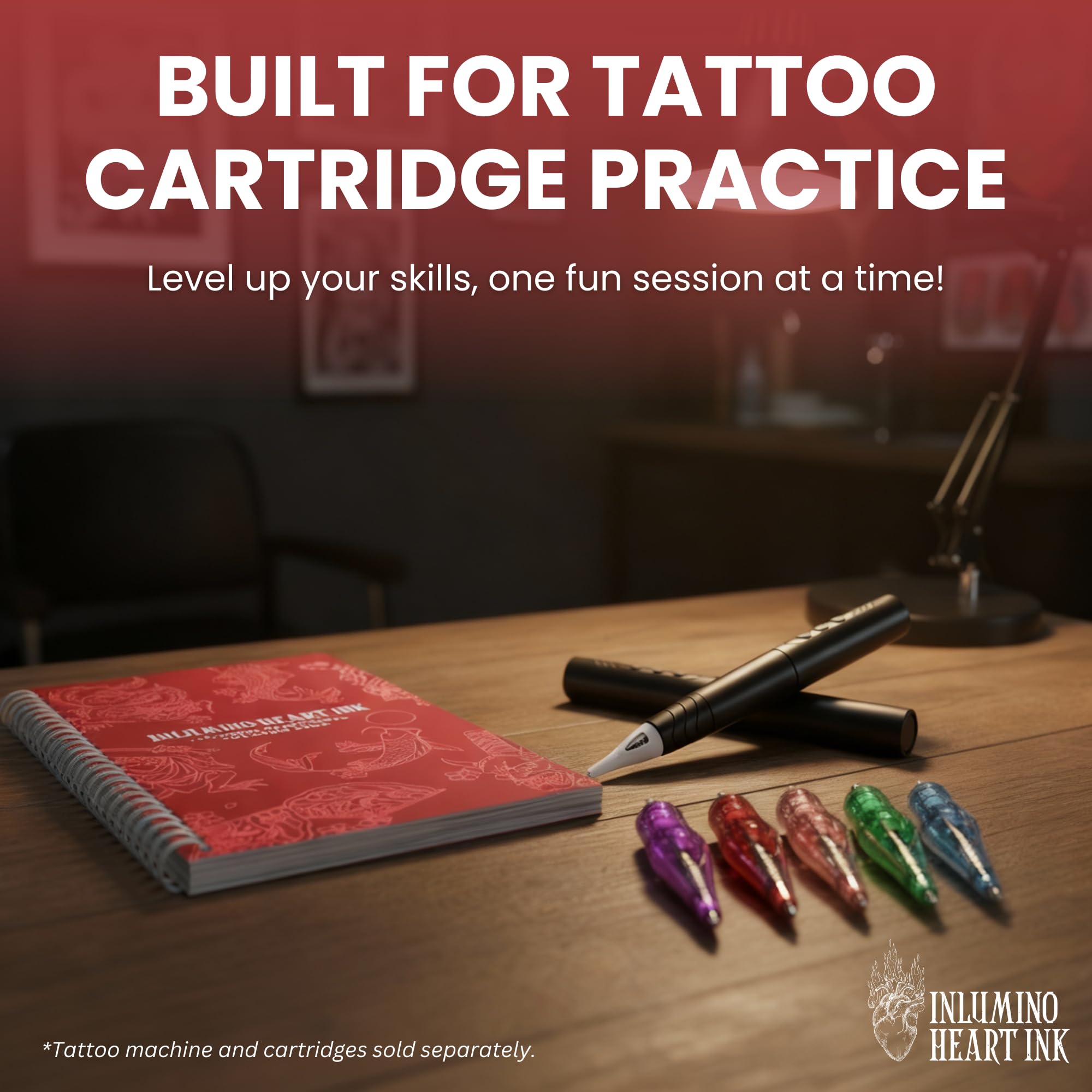 Inlumino Heart Ink Libro de práctica de tatuajes para colorear: tradicional japonés, libro de arte encuadernado en espiral con 40 diseños en páginas texturizadas de 240 g/m², uso con cartuchos de