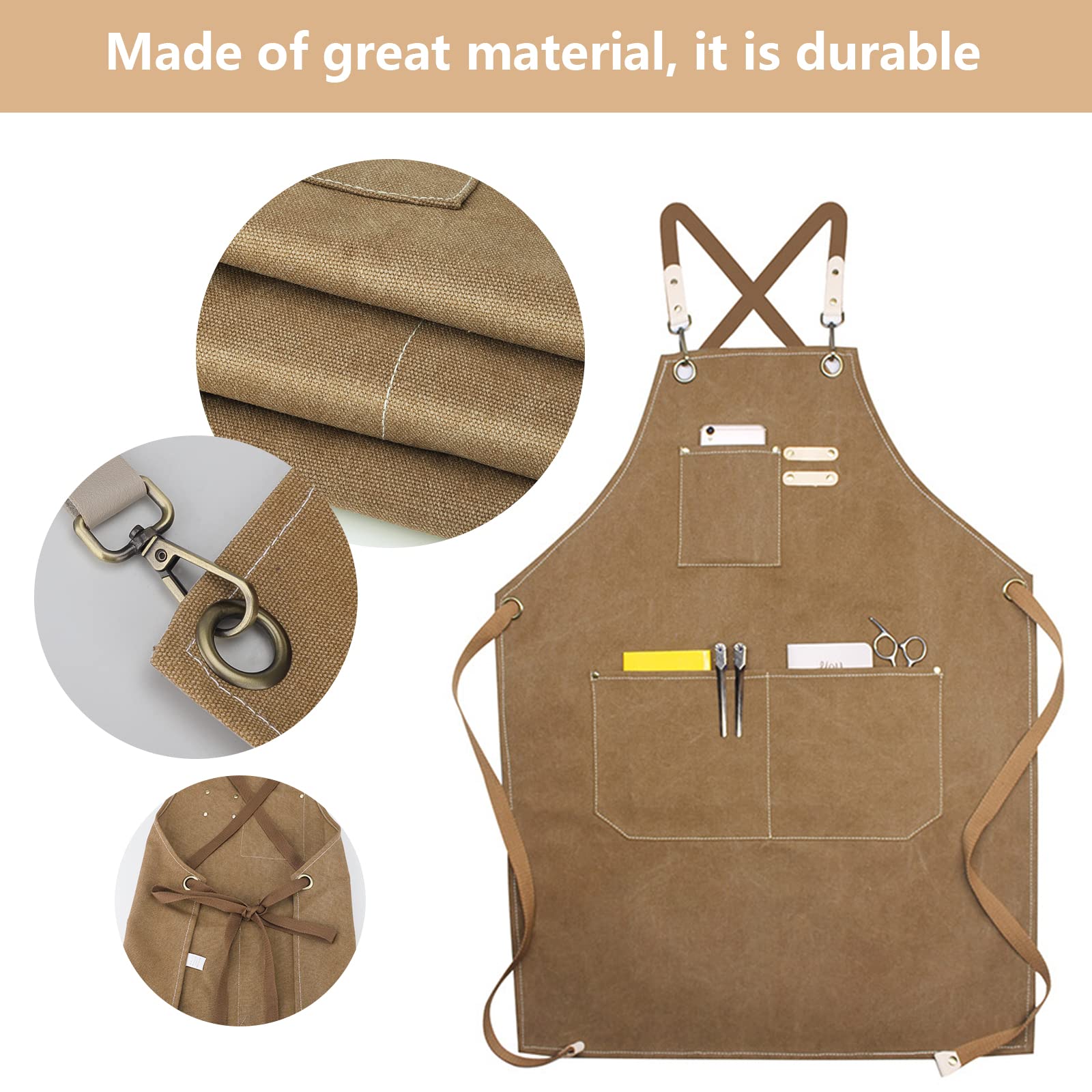 Grembiule da Lavoro, Grembiule Donna/Uomo Durevole di Tela con 3 Tasche per Falegname Tatuatore Fabbro Pittore Barista, Design a Tracolla, Adatto per Casa Lavoro Campeggio all'Aperto - Marrone