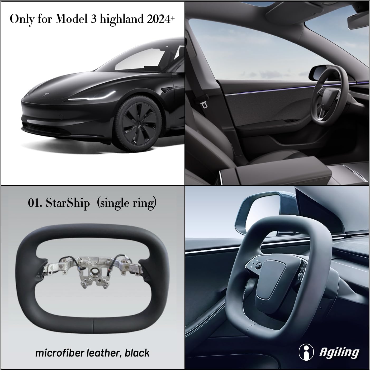 CyberYoke for Tesla Model 3 (Highland 2024+) Concept Steering Wheel, Prototype Driving Interface (FBA-01.StarShip: single ring, black)