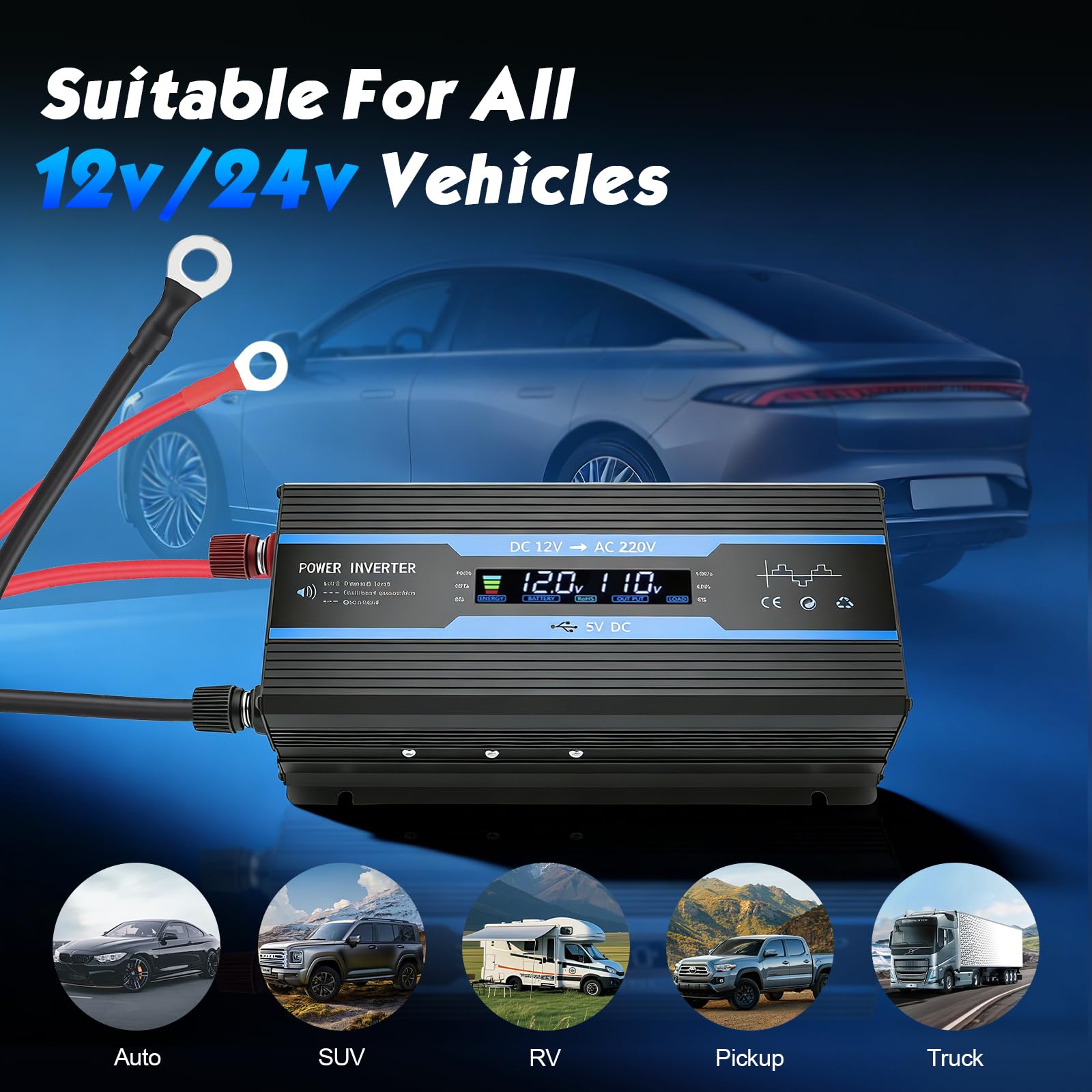 2000W Power Inverter 12V to 240V with LCD Display, 2 UK Sockets & USB Port, Modified Sine Wave Car Inverter for Camping, RV, Truck, Home Use – High Efficiency >95%, Safety Protections (Blue) - 4