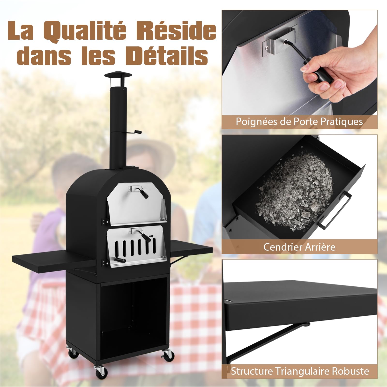 GYMAX Four à Pizza d'Extérieur à Bois ou à Pellet, Pierre 30 cm, Thermomètre, Pelle, 2 Grilles, Mobile