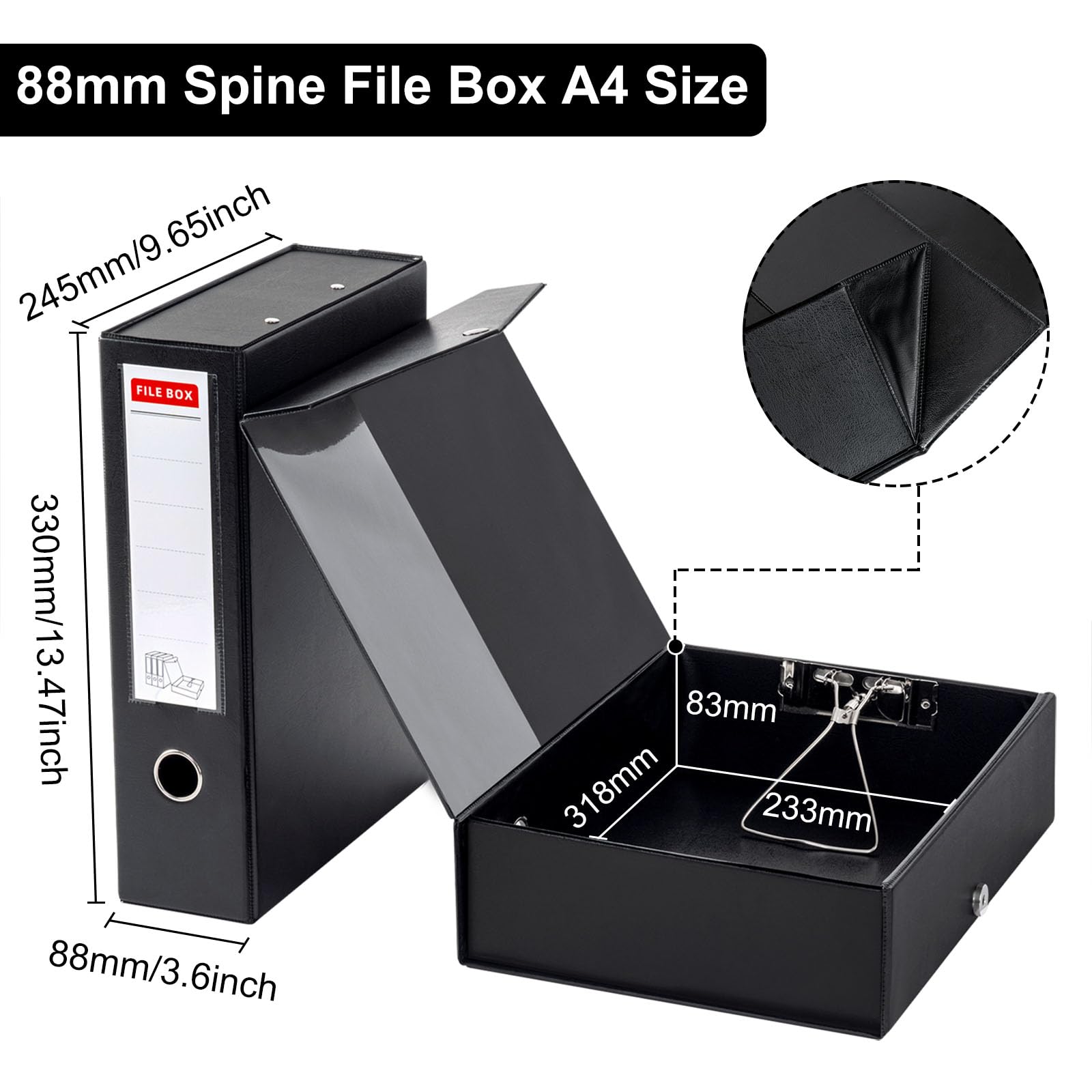 Srvnpioy 4 Pack Black Box File A4, 88mm Spine, Lock Spring with Ring Pull and Catch, Foldable Plastic Archive Box - Image 2