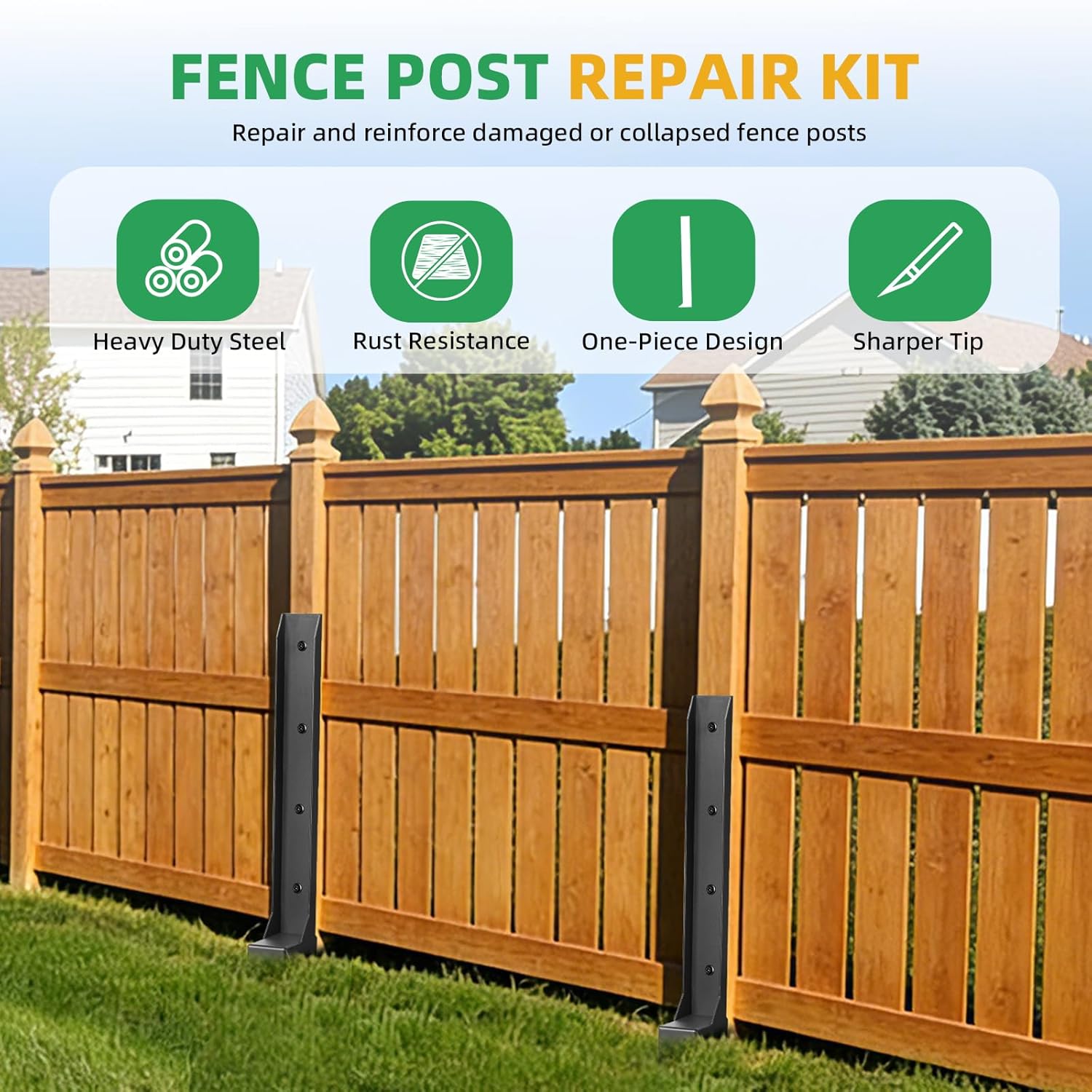 8 Pack Fence Post Repair Kit, 33.5 Inch Heavy Duty Steel Anchor Stakes, One-Piece Fence Post Repair Stakes, Thickened Rustproof Anchor Ground Spike for Repair Tilted Broken Wood Posts Support