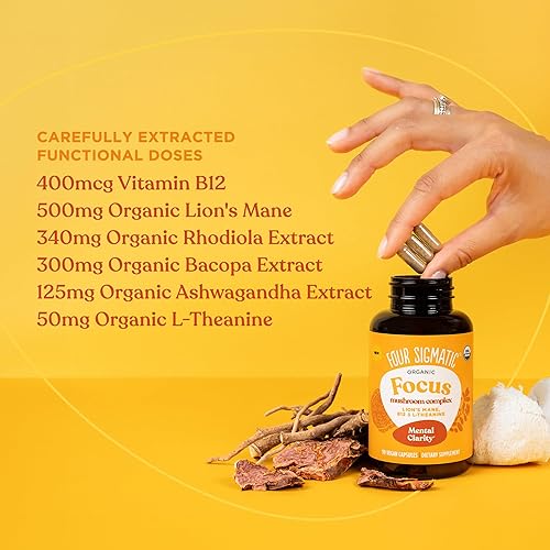 Miniatura 7 de Four Sigmatic Cápsulas Focus  Cápsulas de suplemento de melena de león  Complejo que estimula el cerebro con Ashwagandha, Bacopa Monnieri y Rhodiola