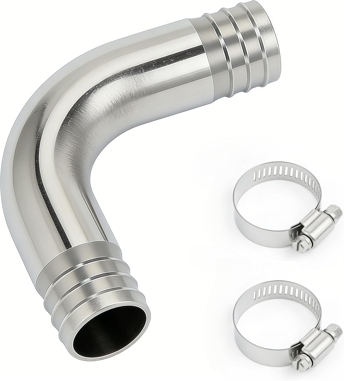 Stainless Steel 304 Sanitary Hose Barb Fitting 3/4" Barbed x 3/4" Barbed 90 Degree Elbow, 1pc Fitting with 2pcs Hose Clamps