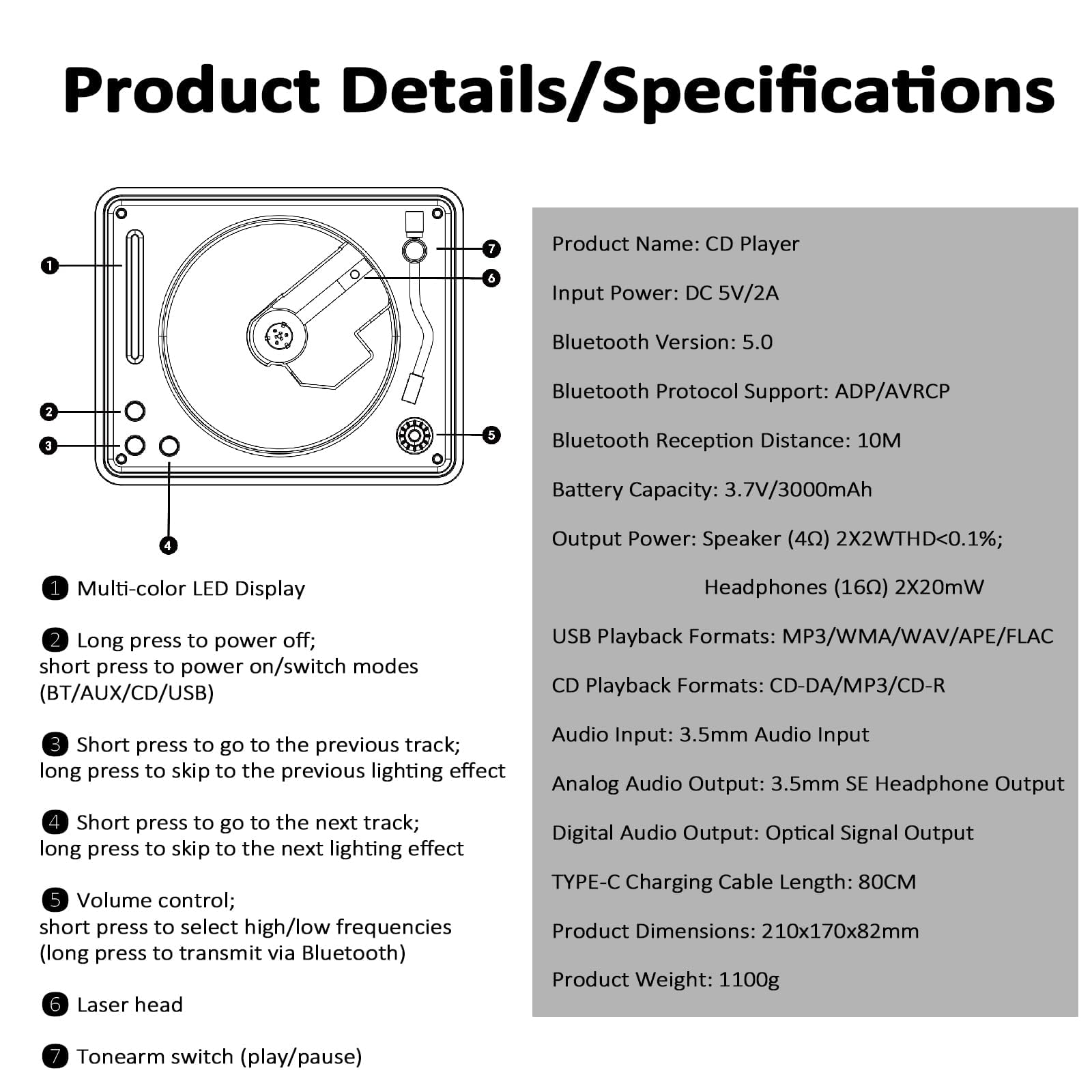 Reproductor de CD de álbum retro con Bluetooth 5.0, efectos RGB y múltiples salidas de audio para uso doméstico o galería