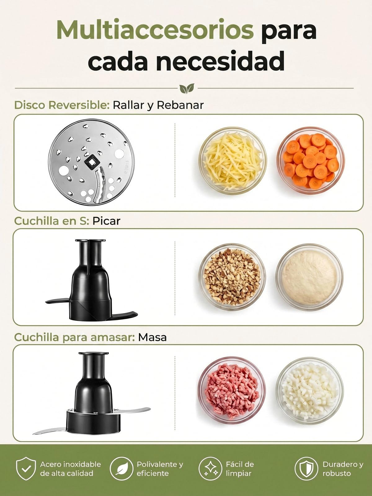 Robot de Cocina 2,3 L, Boca de Alimentación Grande 2 en 1 | Procesador de Alimentos 3 Vel. , Acero Inoxidable, Picar, Rallar, Hacer Puré, Amasar, fácil de limpiar para uso doméstic