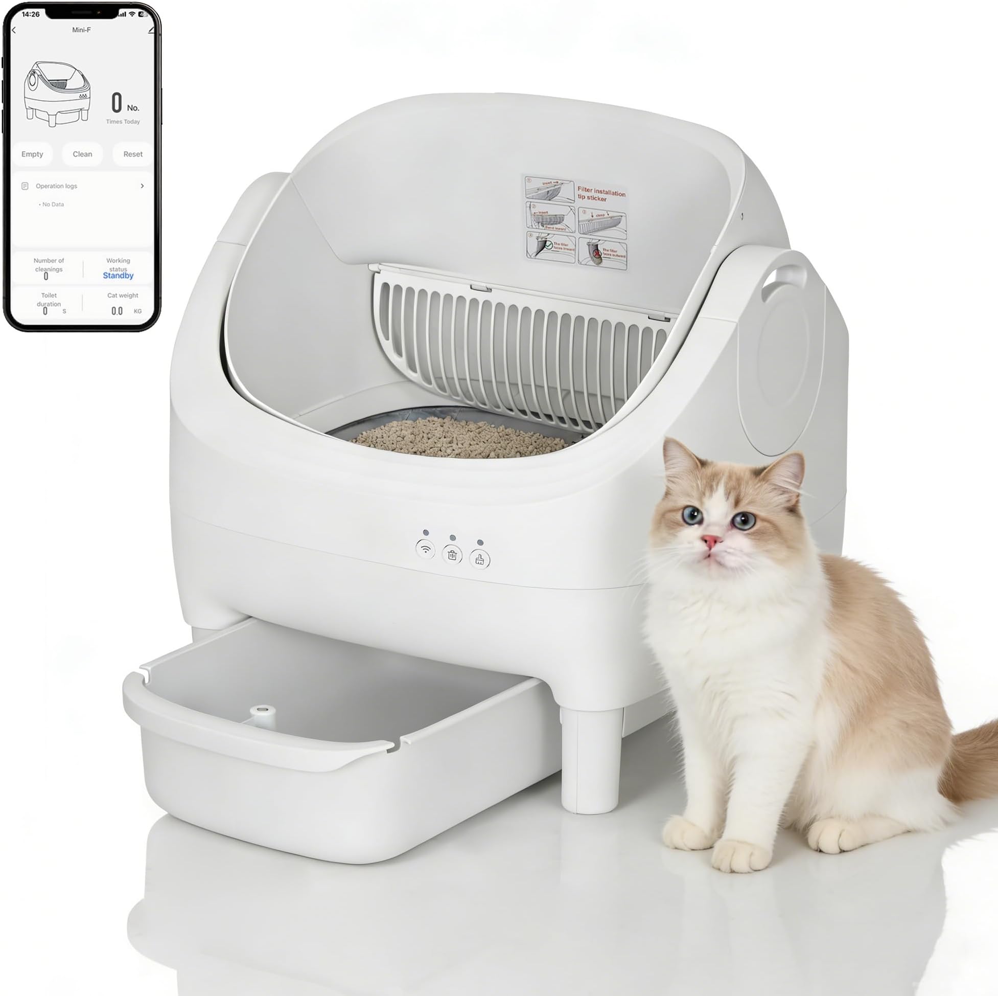 PeakPursuit Self Cleaning Cat Litter Box, Open-Top Automatic Cat Litter Box with APP Control, Odor-Free Waste Disposal Includes Trash Bags, 10.5L Large Waste Bin, for Multiple Cats, White