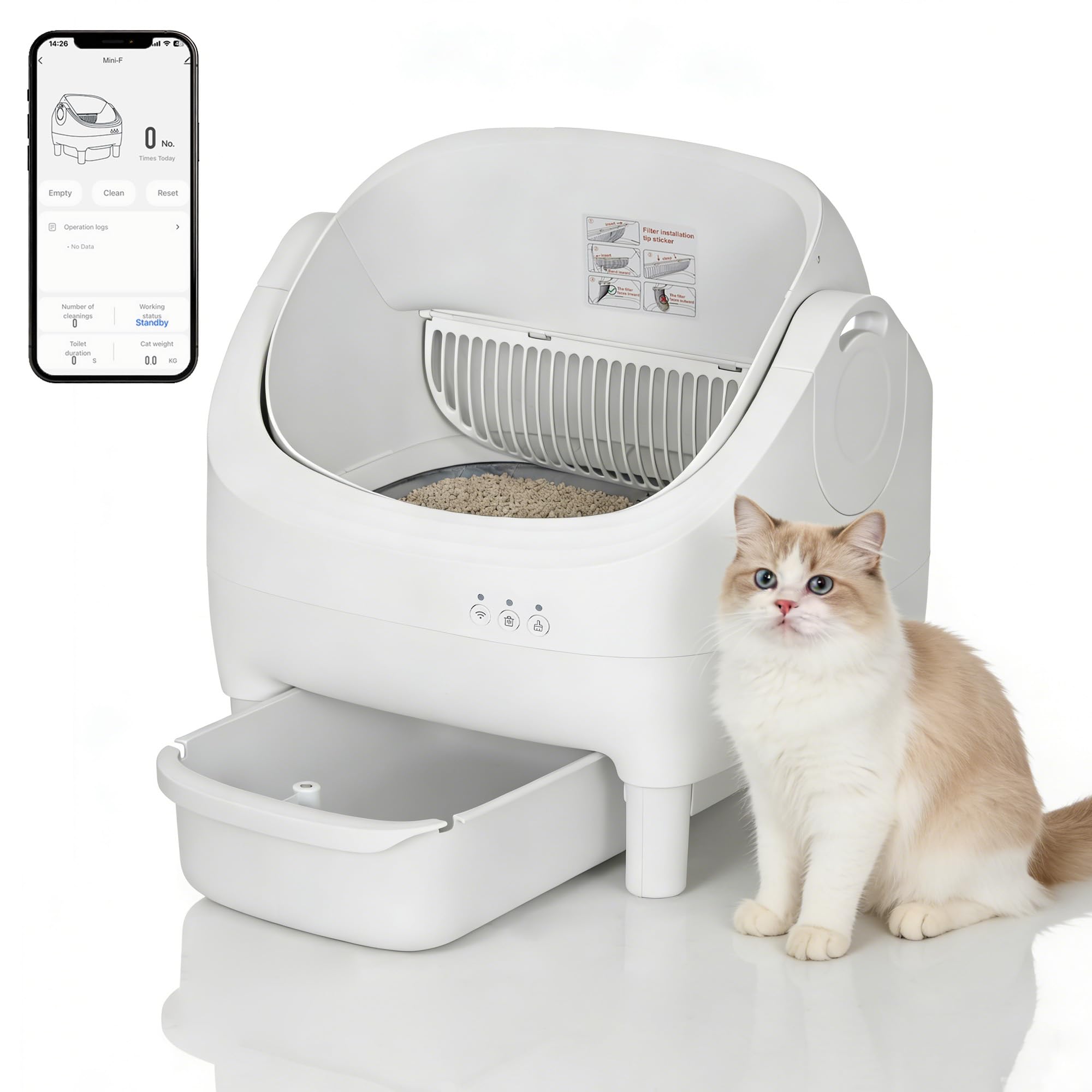 PeakPursuit Self Cleaning Cat Litter Box, Open-Top Automatic Cat Litter Box with APP Control, Odor-Free Waste Disposal Includes Trash Bags, 10.5L Large Waste Bin, for Multiple Cats, White