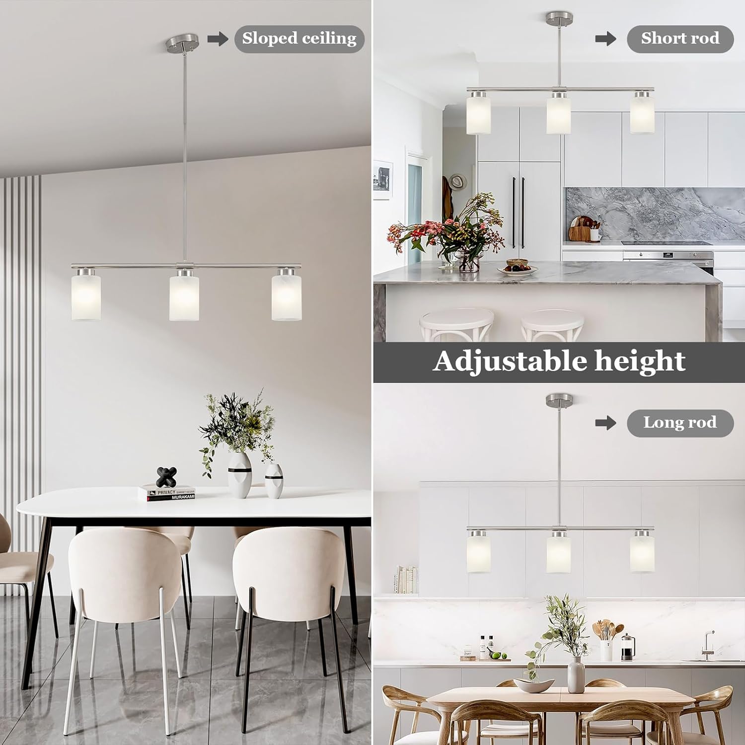 3-Light Kitchen Island Lighting Brushed Nickel Dining Room Light Fixture with Milk Glass Shade 31" Modern Linear Chandelier Adjustable Hanging Pendant Lighting Over Island Dining Table Living Room，E26