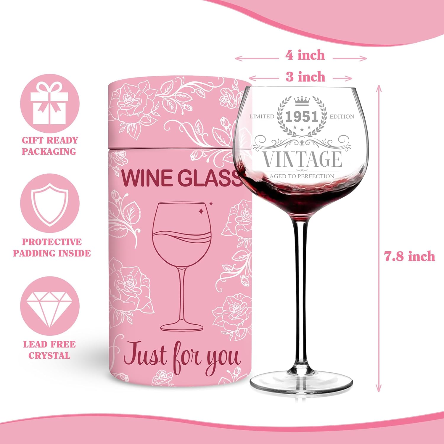 75th Birthday Gifts For Women, Grandma - 1951 Vintage Engraved 75th Wine Glass - 75Year Old Birthday Decorations For Women - 75 Bday Gifts Idea For Grandma, Aunt, Mom - Turning 75 Present - Image 2
