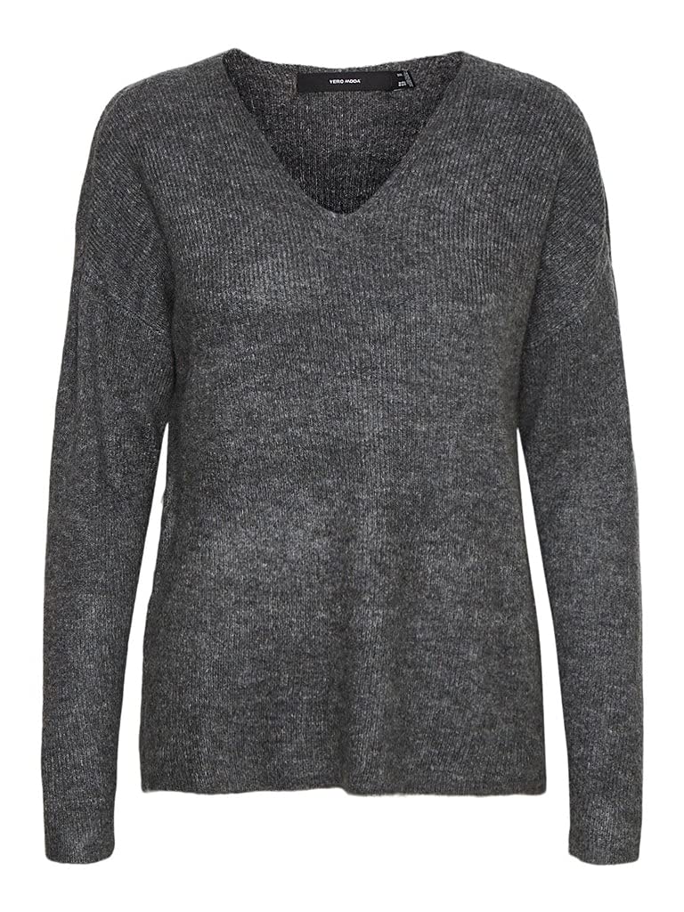 VERO MODA Knit V-Neck Sweater Long Sleeve Knitted Jumper VMCREWLEFILE, Colours:Grey, Size:S