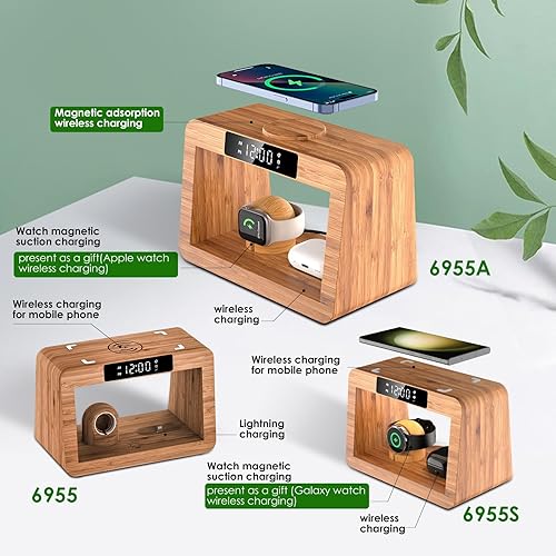 Miniatura 7 de Estación de carga inalámbrica de bambú cargador rápido con reloj despertador, luz nocturna - iPhone 1514131211 Pro MaxXXs Max8, AirPods Pro, iWatch