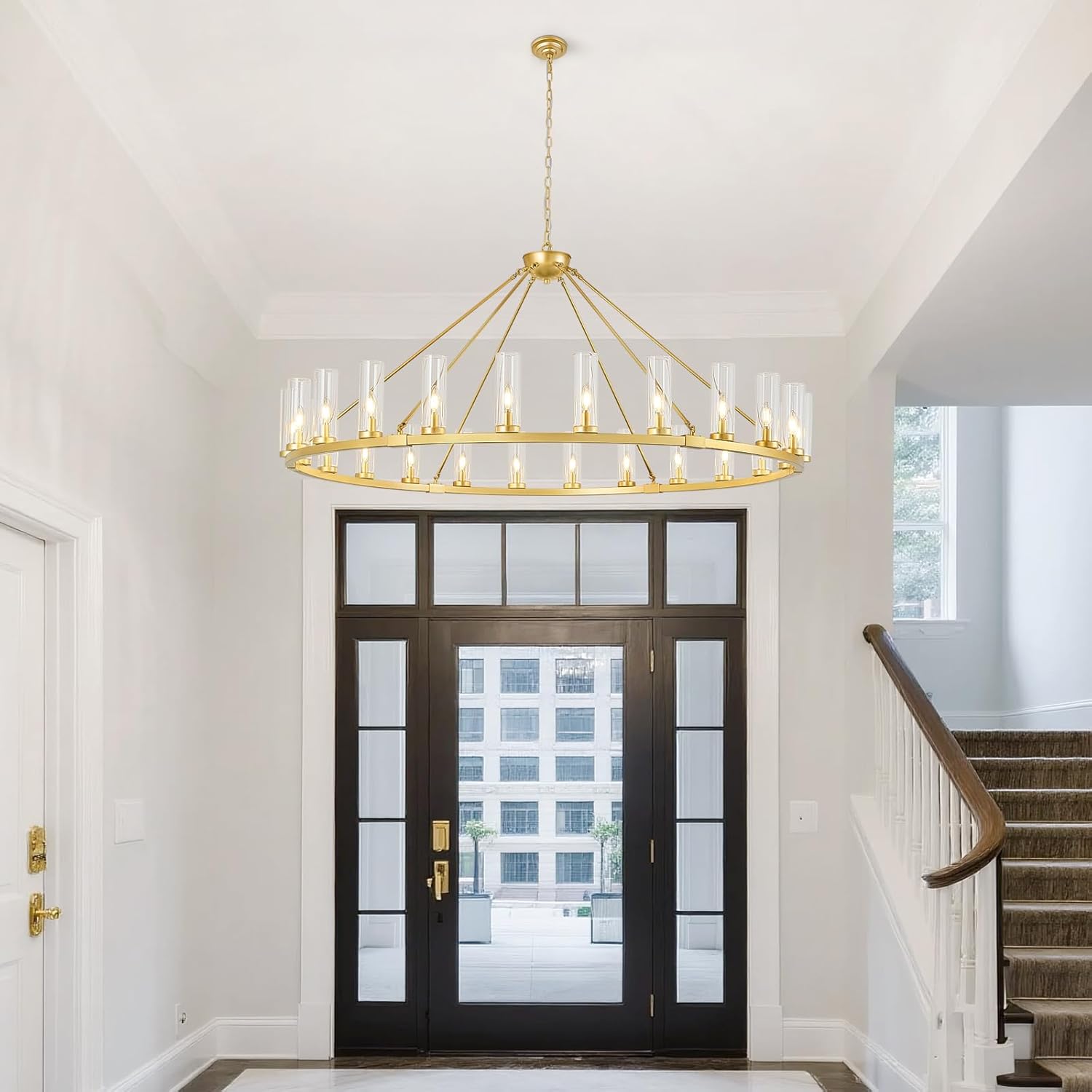 24 Light Large Wagon Wheel Chandelier with Clear Glass Shade Gold Round Pendant Light Farmhouse Industrial Chandeliers Dining Room Light Fixture for Stair Living Room Foyer Kitchen