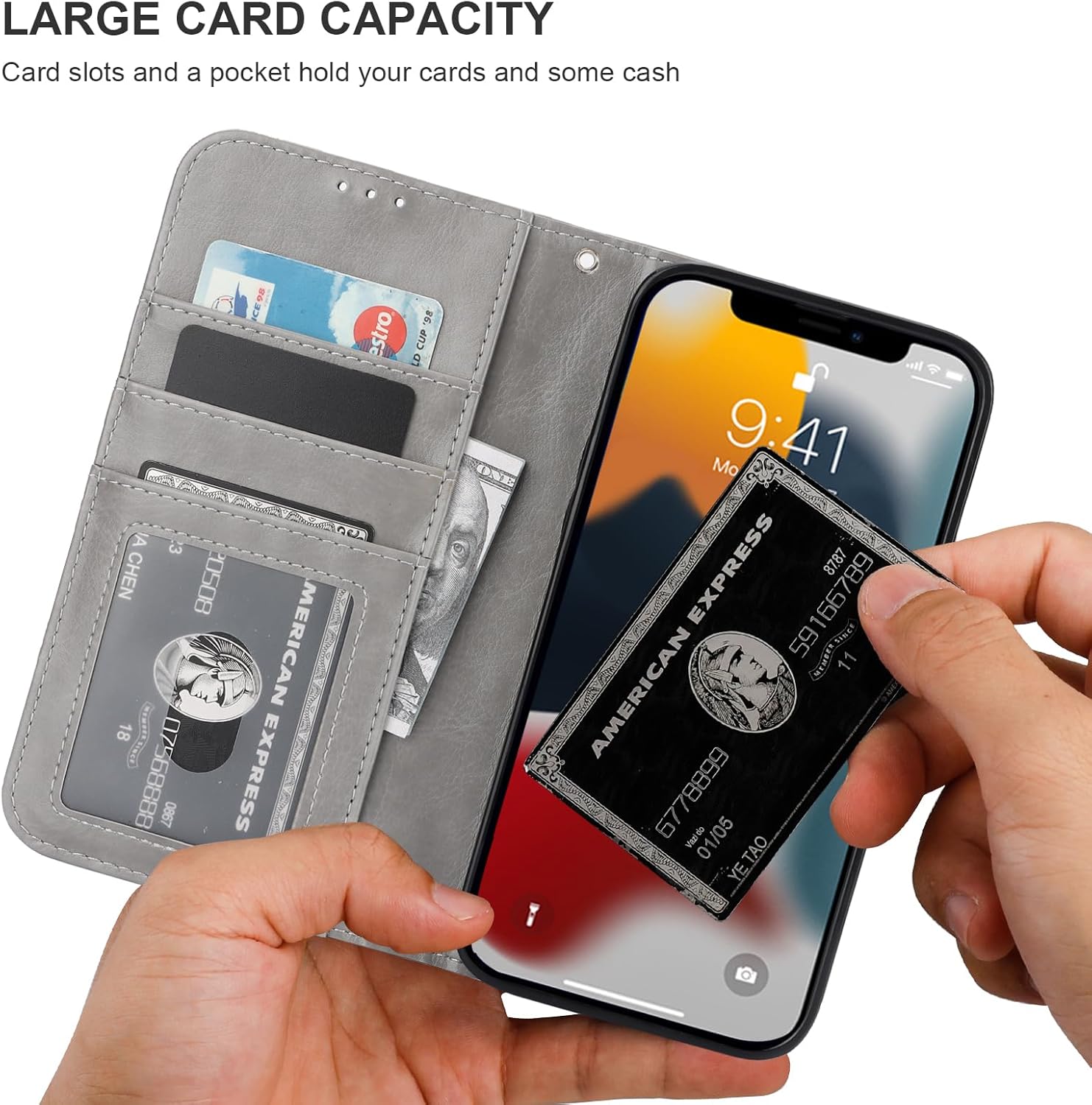 Bocasal for iPhone 13 Pro Max Wallet Case Compatible with MagSafe Wireless Charging, RFID Blocking Magnetic Leather Case with Card Slots Holder Kickstand Detachable Wrist Strap 6.7 Inch (Grey)