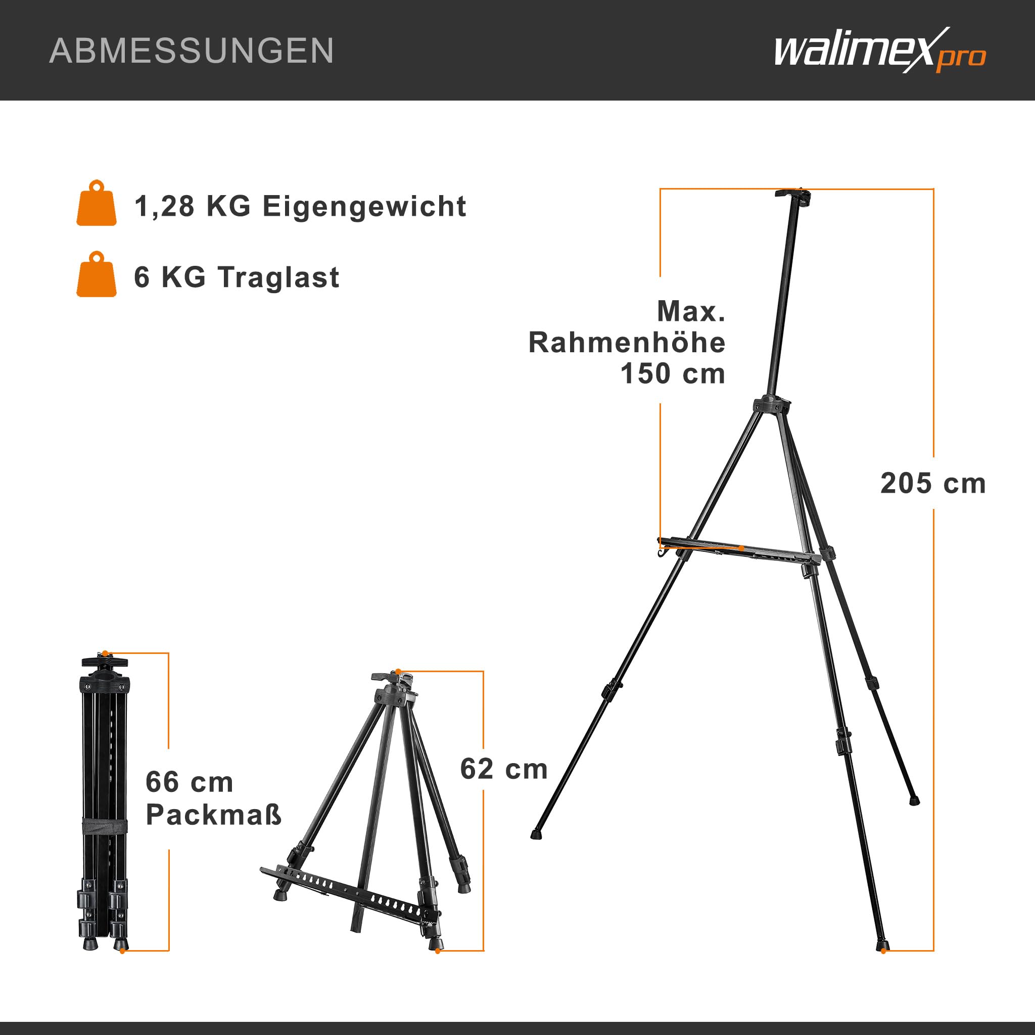 Walimex pro Sztaluga XXL 62-205 cm, aluminium I idealna sztaluga atelierska, sztaluga stołowa i sztaluga polowa I na płótna do wys. x gł.: 150 x 4 cm, do 6 kg I półka i uchwyt na farby i pędzle, z