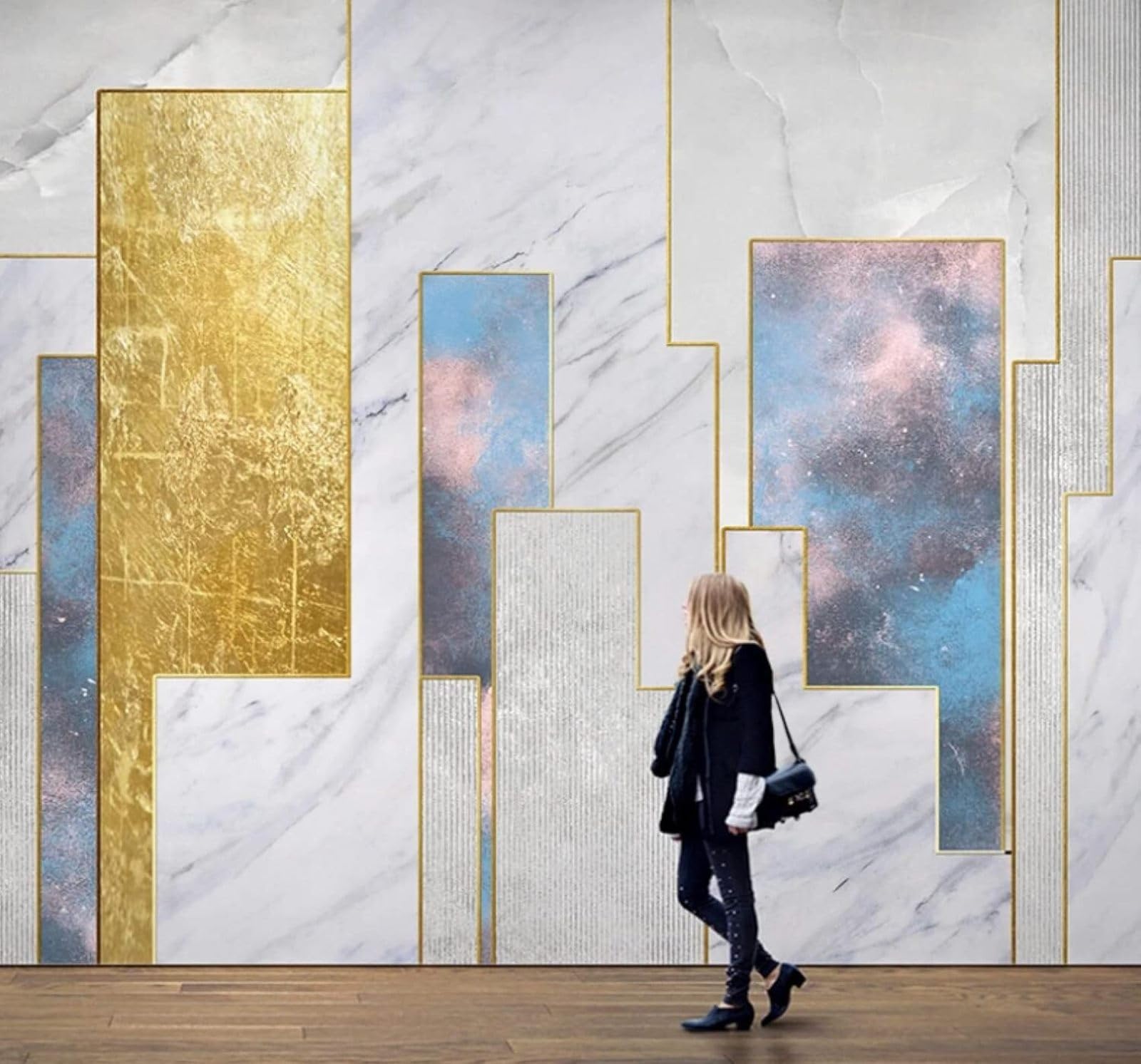 XLMING Abstract Creative Gold Geometric Marble Effect 3D Wallpaper Luxury Home Dining Decor Paste Sofa Living Room The Wall for Bedroom Mural-250cm×170cm