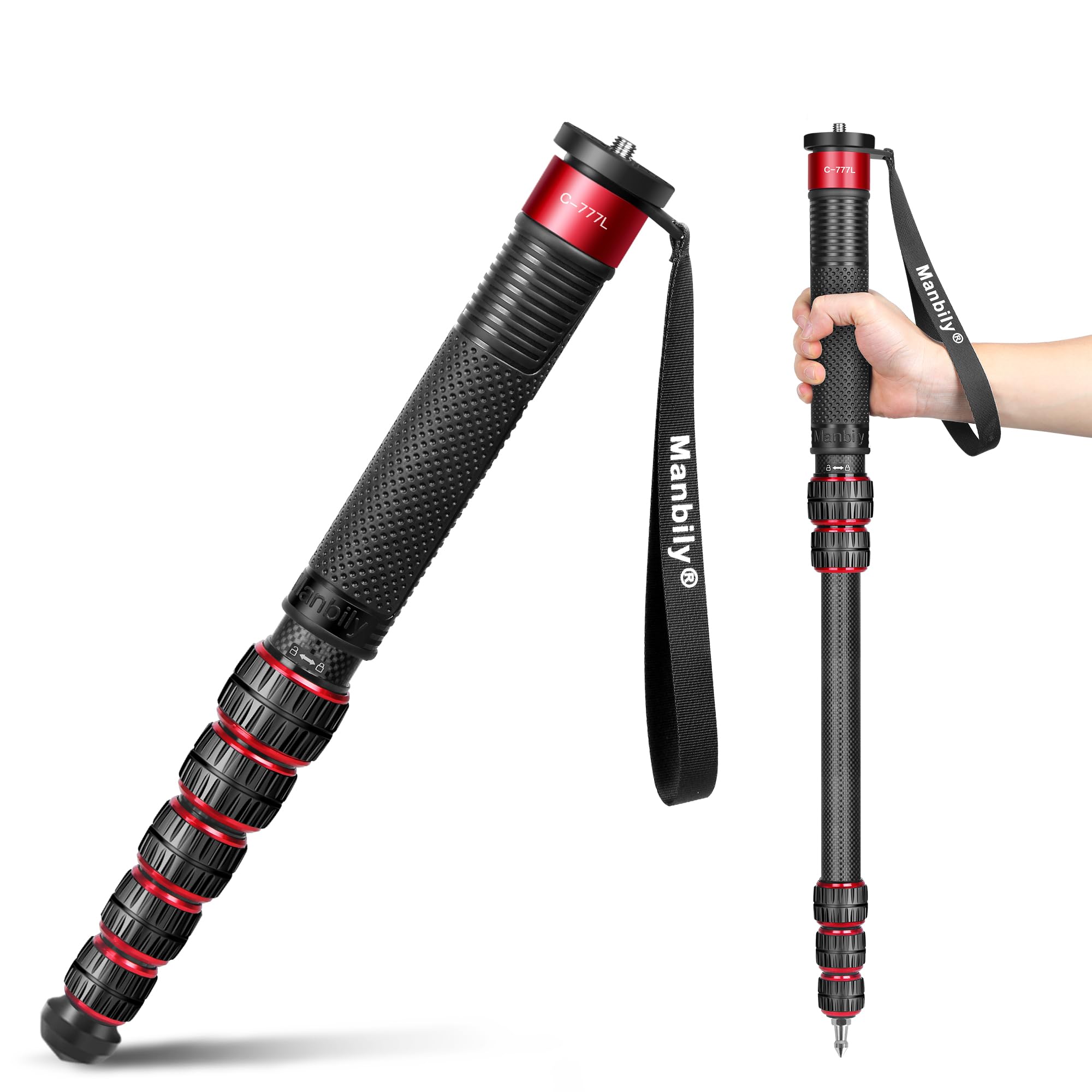 Manbily C-777L Kohlefaser Kamera Einbeinstativ 44cm-174cm 36mm großes Rohr Spazierstock Carbon Monopod für DSLR Kameras 6 Sektionen Reise mit Handle & Phoneclip Max. 20kg für Video Stehen (Rot)