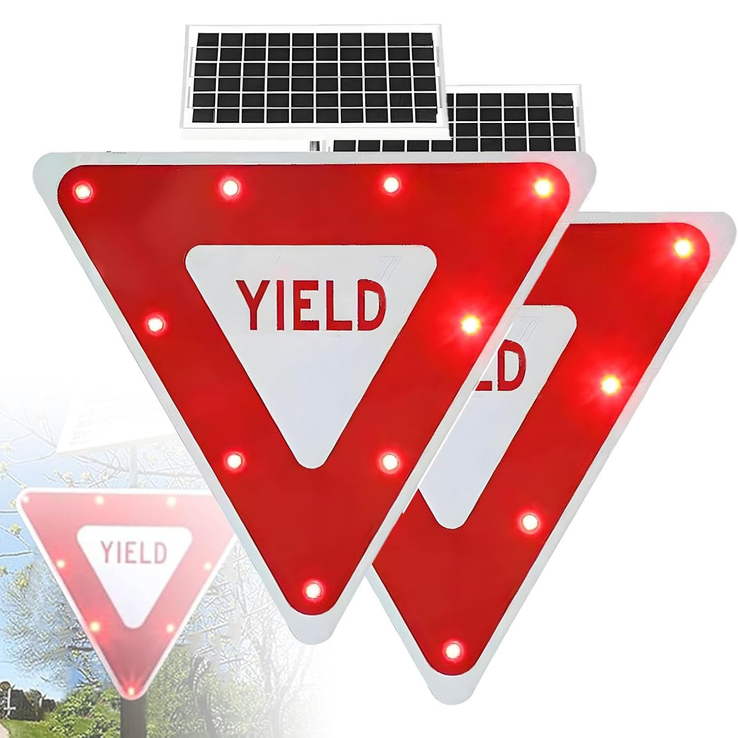 ROEFETY Powered Led Blinking Yield Sign,Solar Yield Sign with LED Flashing Lights,IP65 Waterproof with Mounting Accessories Engineer Grade Reflective,Upgraded Solar Warning LED Yield Sign 2piece