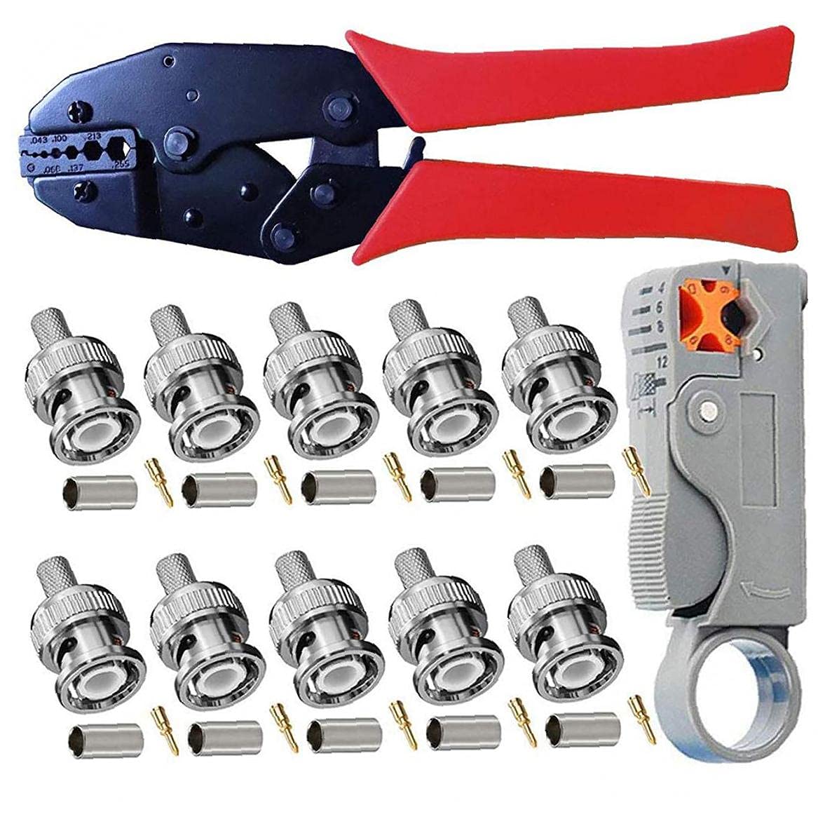 Coaxial Cable Tool Kit - BNC Crimp Tool, Stripper, Connectors For RG58 RG59 Cable Installation