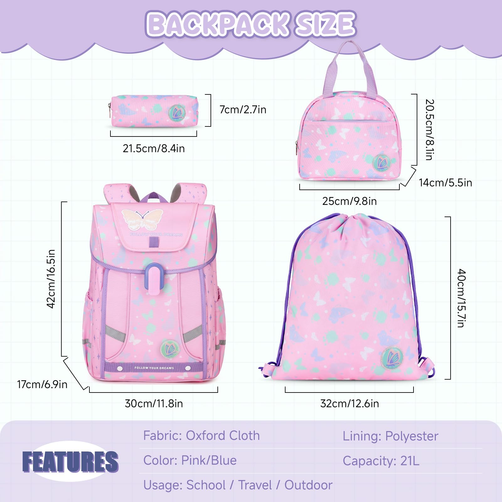Amythe Set 4-teilig Schulranzen Mädchen Ergonomischer, Schulrucksack Mädchen der ab 1. Klasse, Rucksack Kinder mit Brustgurt, Reflektoren, Abnehmbarer Gürtel, Schmetterlingsmotiv