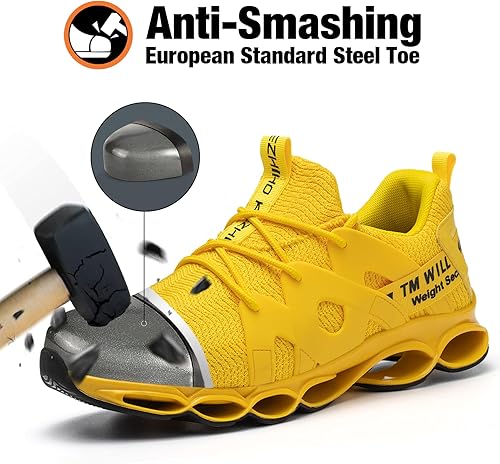 Miniatura 2 de Kezhiho Tenis de trabajo con punta de acero para hombre y mujer, amarillos, ligeros, transpirables, antideslizantes, construcción indestructible,