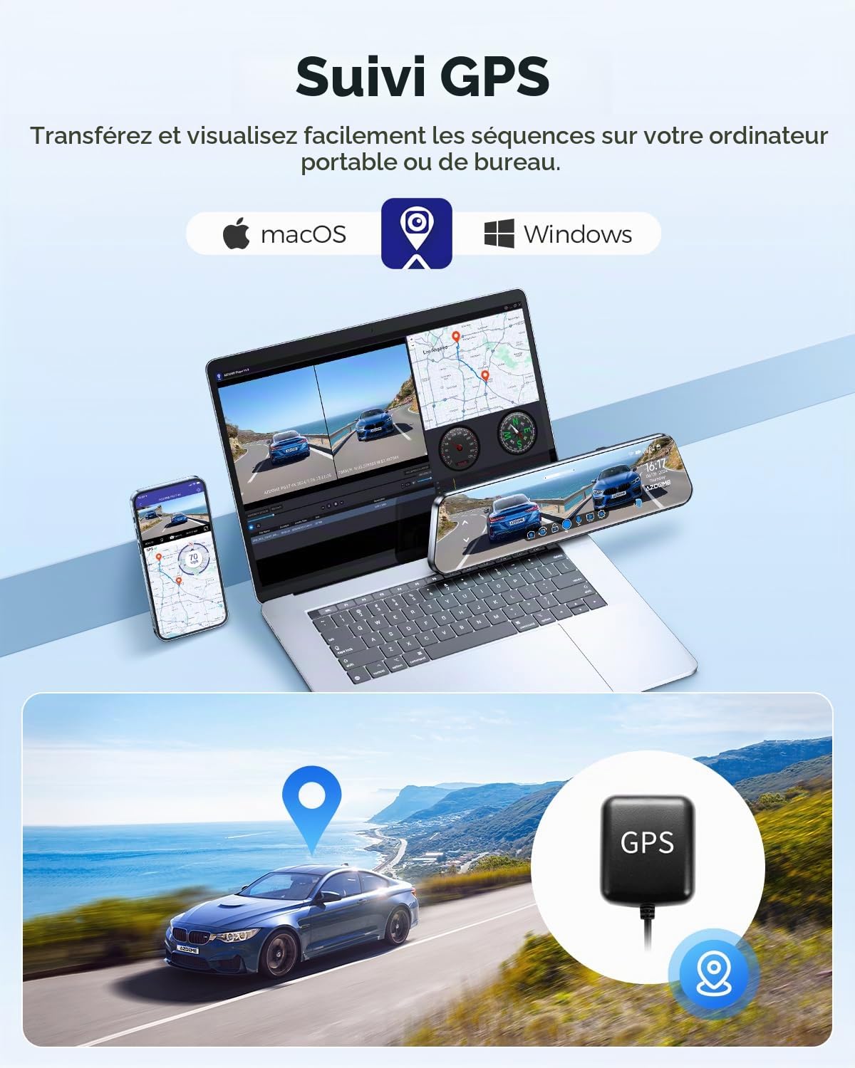 AZDOME 12" PG17 4K Spiegel Dashcam mit Rückfahrkamera, Auto Kamera mit WiFi, 64 GB-Karte (PG17)