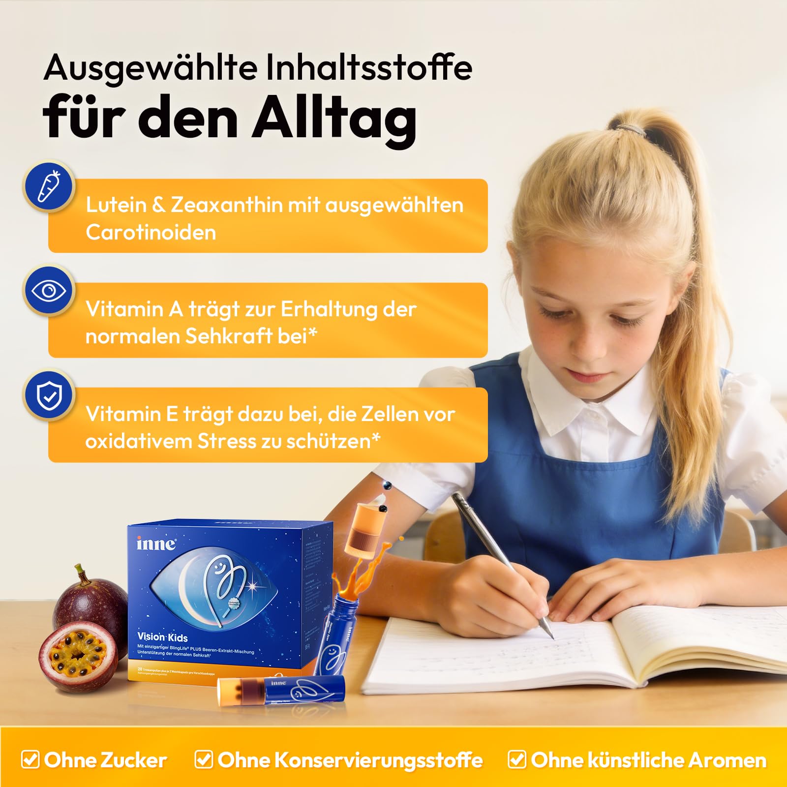 inne® Vision Kids Augenvitamine | mit 10 mg Lutein, 2mg Zeaxanthin, Vitamin A, Beeren- Augentrost-Extrakt | 20 Trinkampullen | Vegan | Nahrungsergänzungsmittel für Kinder ab 10 Jahren & Erwachsene