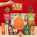 Jumbo Happy Rakhi Gift Hamper - 10-Item Raksha Bandhan Gift for Brother – Dry-Fruit Chocolate Laddoos, Chocolate Cashews, Evil Eye Rakhi with Roli-Chawal, Millet Namkeen & more | Premium Gift Hamper Combo Set gallery image