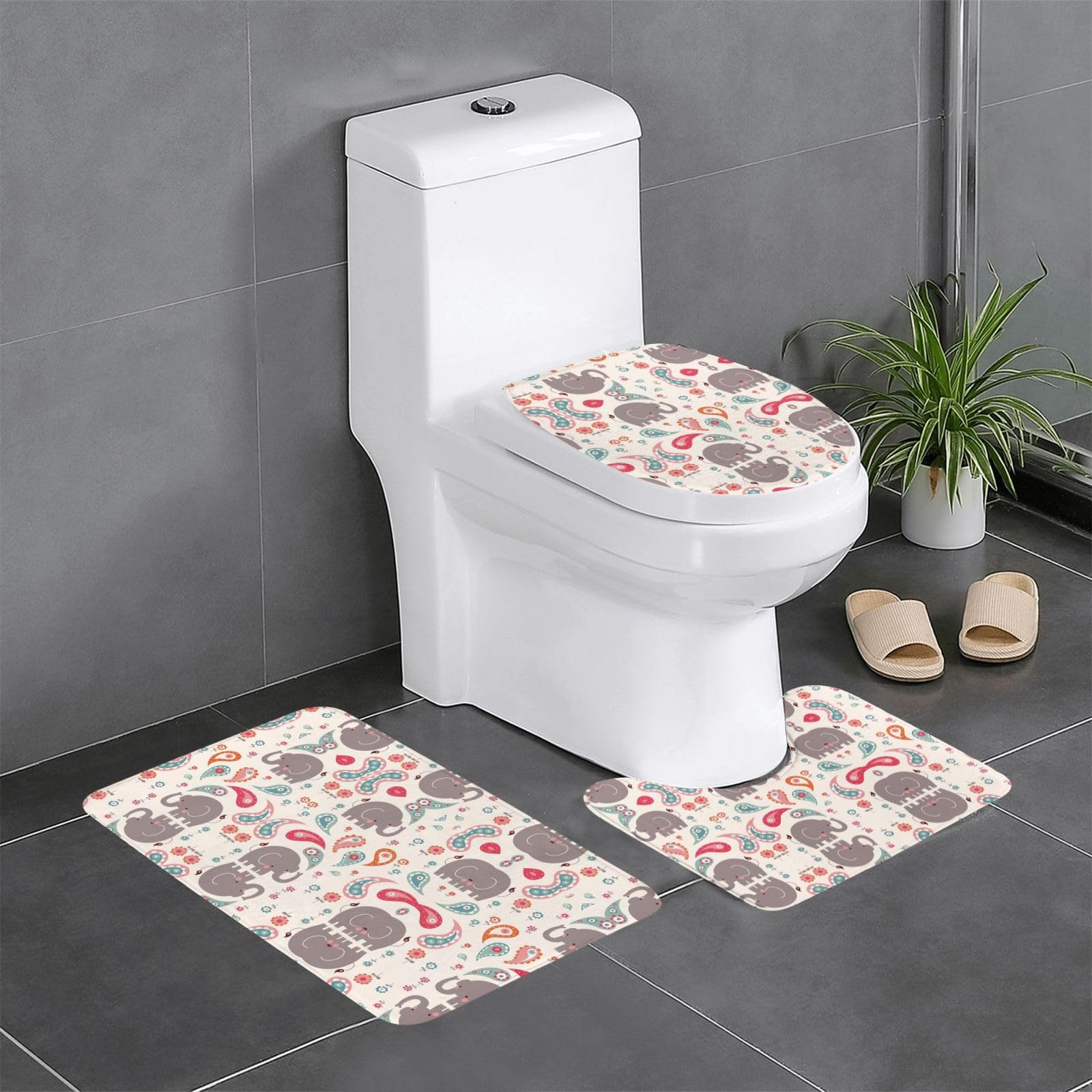 Tapis de bain motif éléphants en lot de 3 avec couvre-toilette lavable