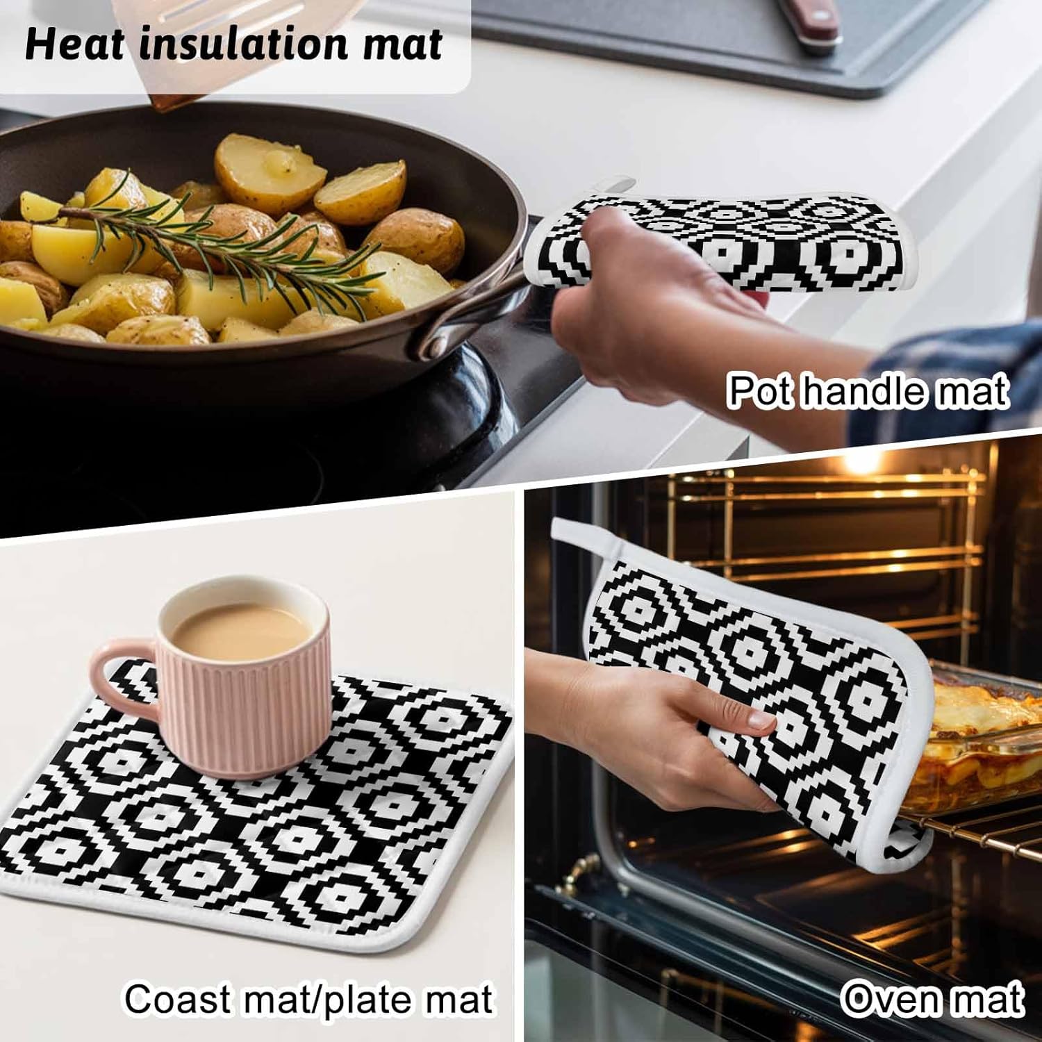 5 Pack Pot Holders for Kitchen, Black White Geometric Hot Pads for Kitchen Countertops Oven Pot Holder Bulk, Modern Abstract Art Heat Insulation Potholders with Hanging Loops