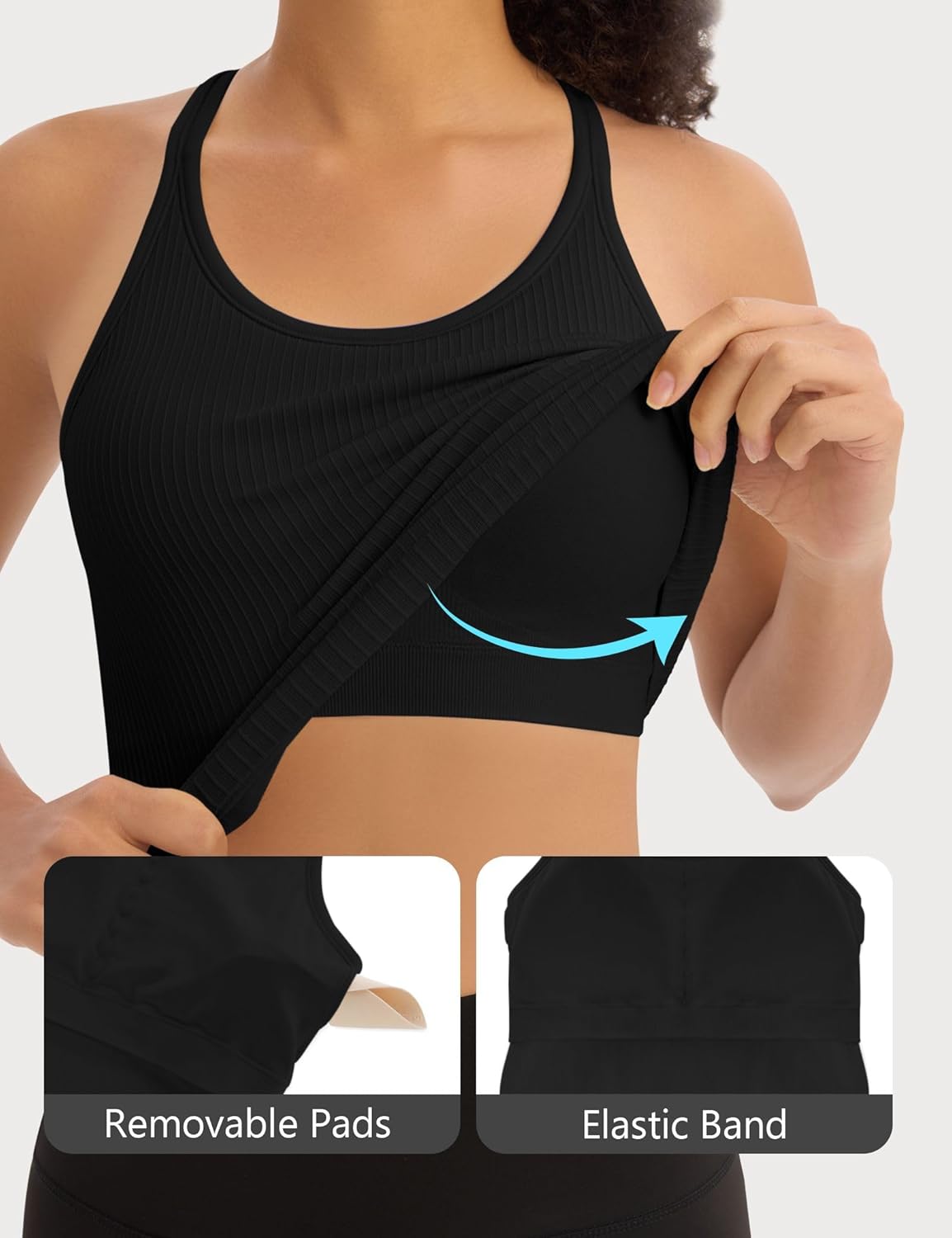 3 Pack Ribbed Workout Crop Tank Tops with Built in Bra for Women Seamless Racerback Cropped Athletic Gym Yoga Tops