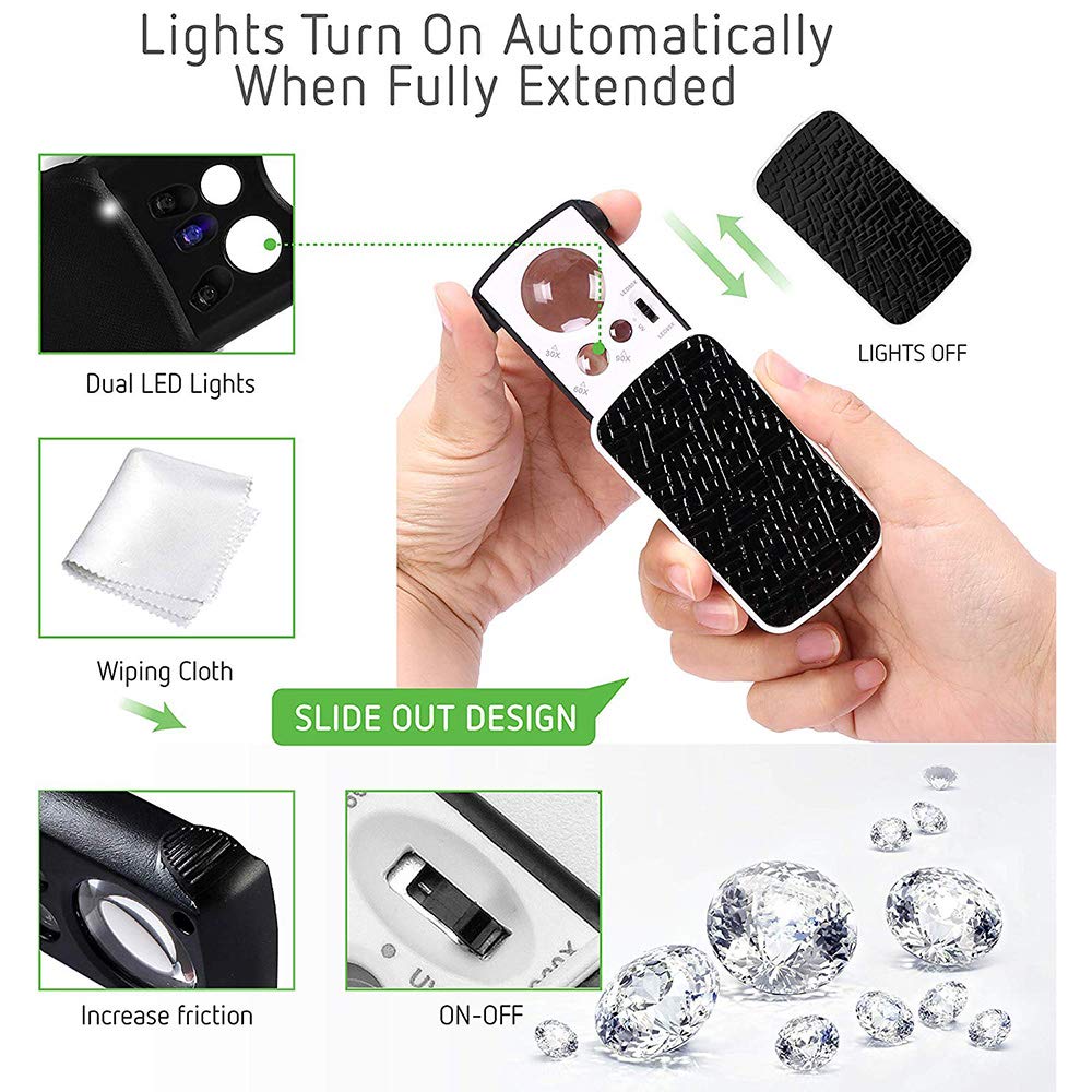 Taschenlupe mit LED-Licht, 30-fach-, 60-fach-, 90-fache Vergrößerung, multifunktionale Juwelierlupe für Hobby und Inspektion