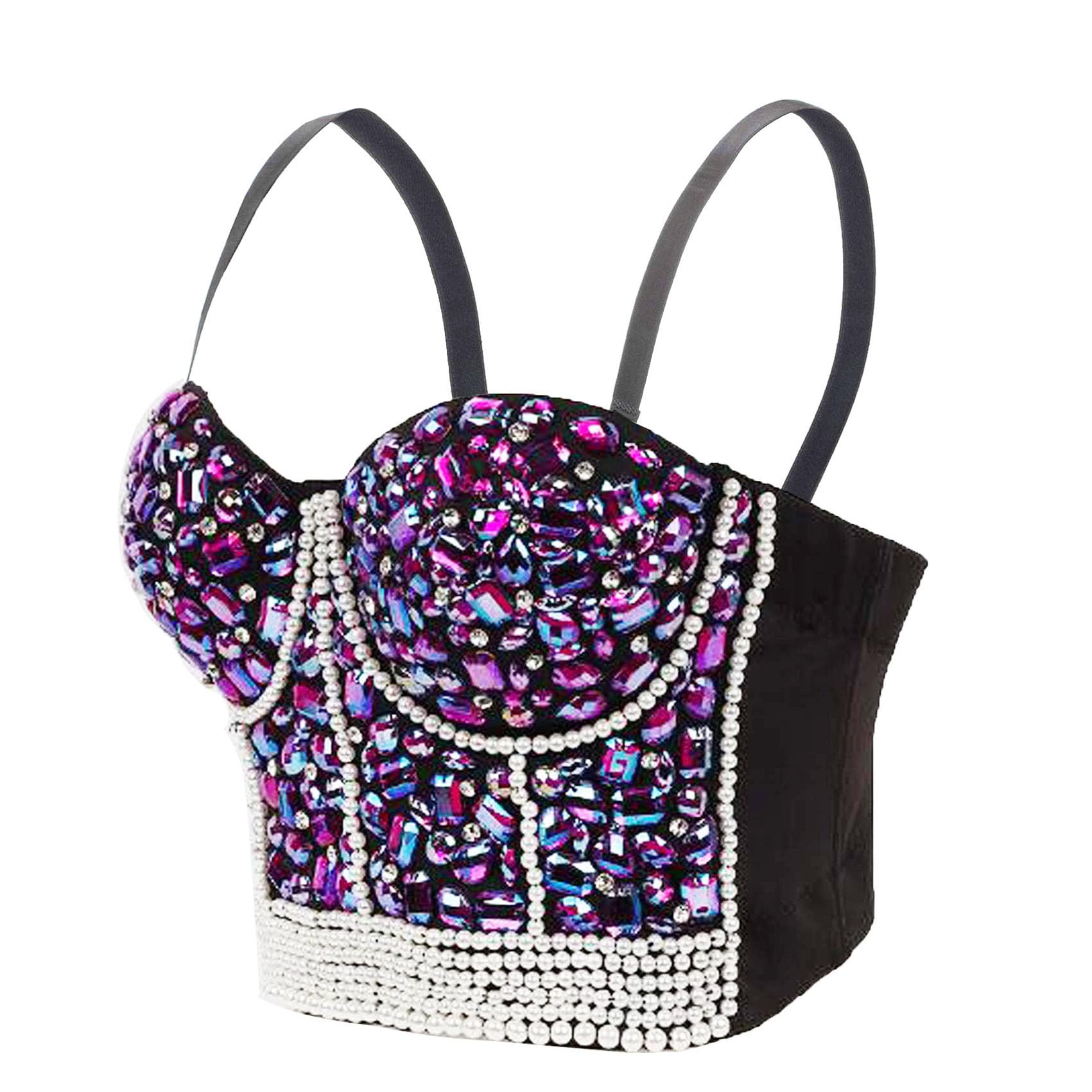 Damen Push Up Bustier Lace Crop Top Gothic Punk Perlen Strasssteine Diamanten Korsett Clubwear Party BH with Detachable Strap