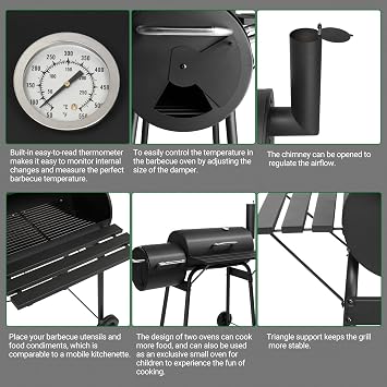 Outdoor Charcoal Grill Barbecue Grill with Offset Smoker, Large Cooking Area Charcoal Grills Griddle Grilling Tools for Camping BBQ Backyard Cooking, Grill Cover, Food Stand, 43.7 x 21.3 x 36.6 Inch