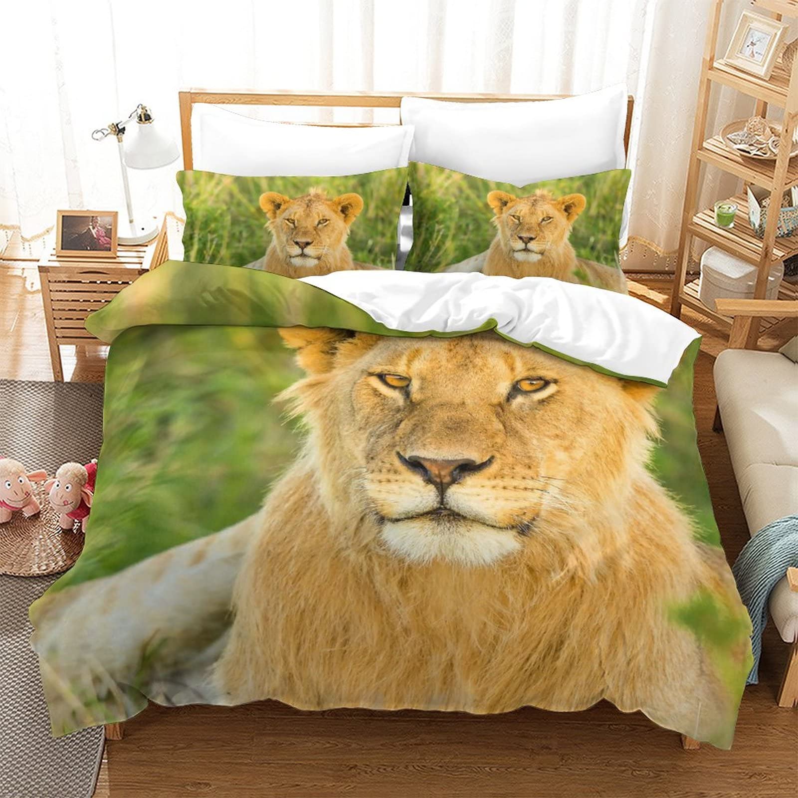 Housse de couette lion 3D 200x200 avec 2 taies d'oreiller pour parure de lit enfant