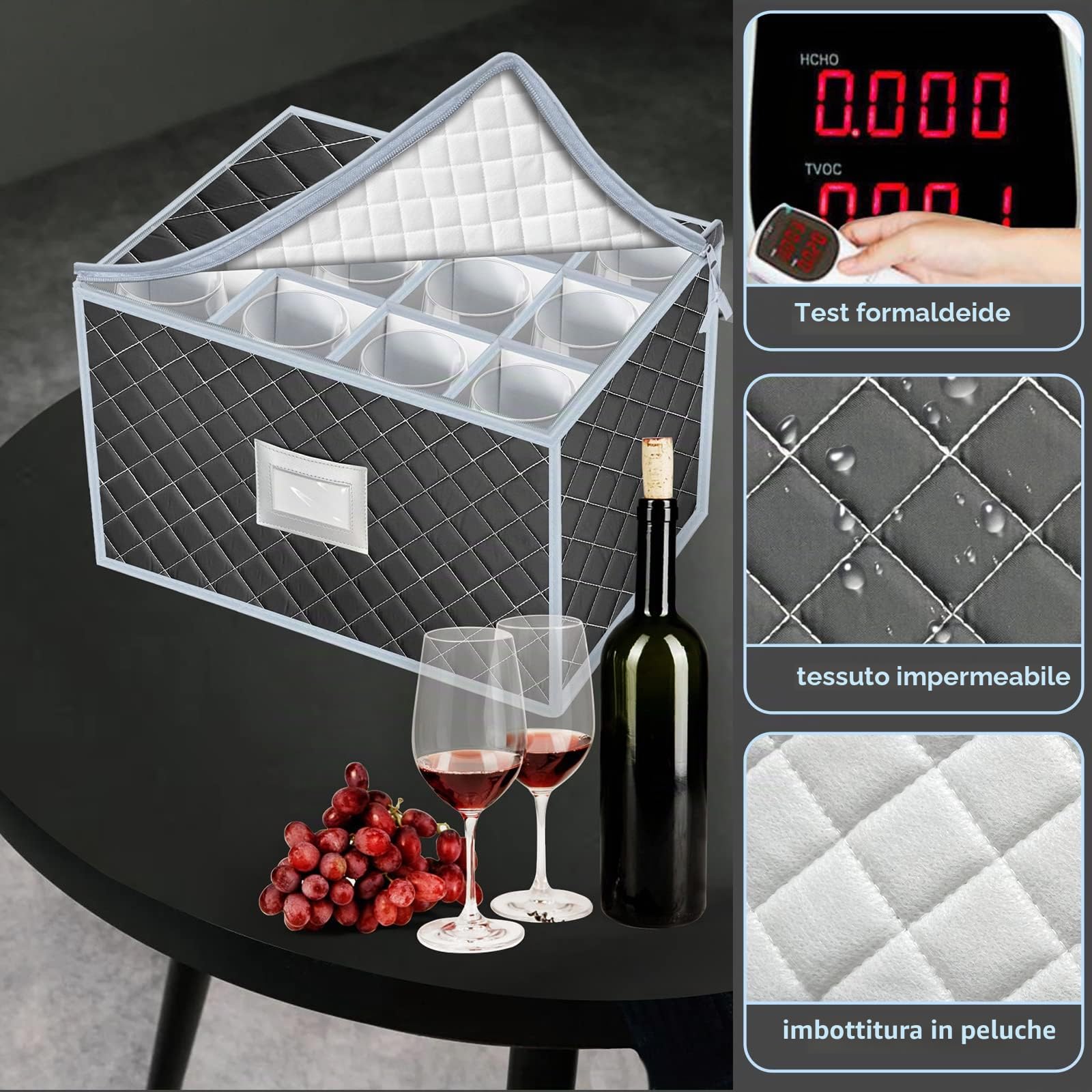 Vino Portabicchieri Scatole Trasloco, Contenitori per Bicchieri da Vino con Partizione per 24 Bicchieri di Cristallo, Confezione da 2 Scatola Pieghevole con Finestra per Etichett(Grigio)