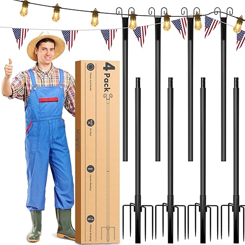 addlon Paquete de 4 postes de luz de 10 pies para tira de luces al aire libre, postes de metal resistente al agua para colgar luces para patio,