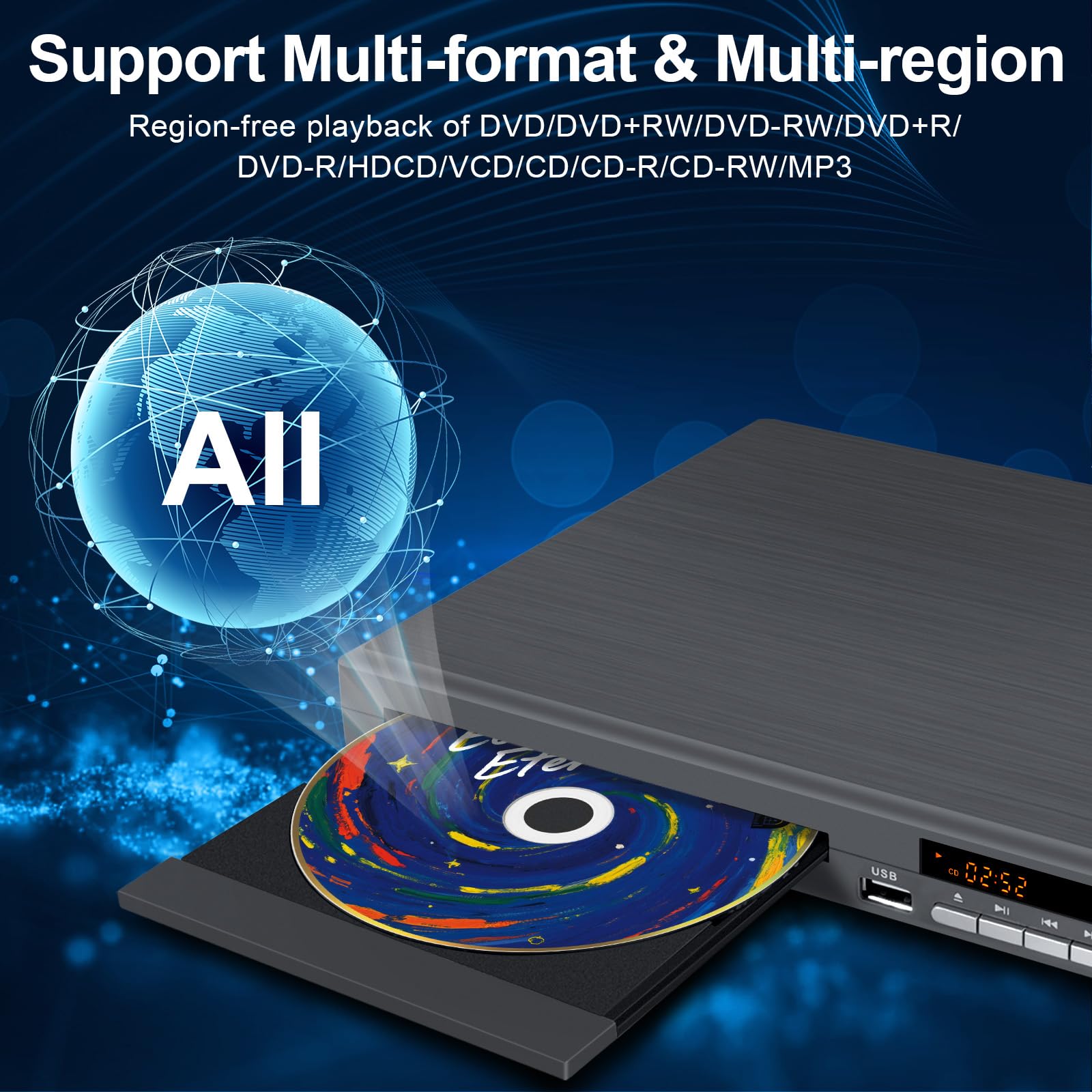 Reproductor DVD Multizona para TV | Reproductor DVD Compacto para Hogar con Salida Coaxial, HDMI y RCA | Lector DVDs/CD con Entrada USB para Todas Las Regiones y Multiformato (Gris, No BLU-Ray)