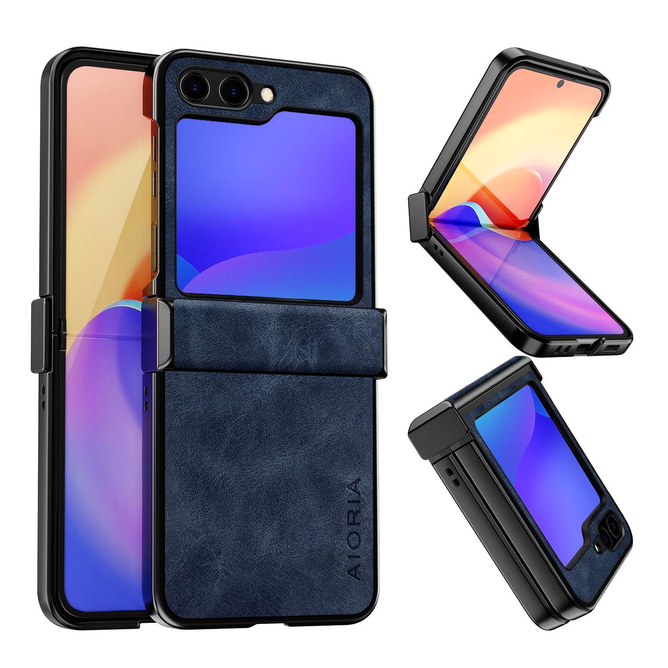 for Samsung Galaxy Z Flip 5 Case, Premium Leather Cover Retro Design Full Protective Phone Case for Samsung Z Flip 5 Flip5 5G (Dark Blue)