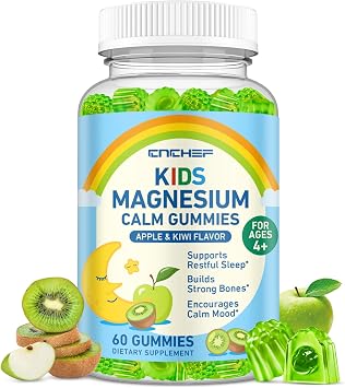 Center-Filled Magnesium Gummies for Kids 300MG - Magnesium Glycinate Gummies with L-theanine, Omega-3, Vitamin B6, D for Kids & Adults, Supplement for Sleep, Calm & Muscle Relaxation - Apple & Kiwi