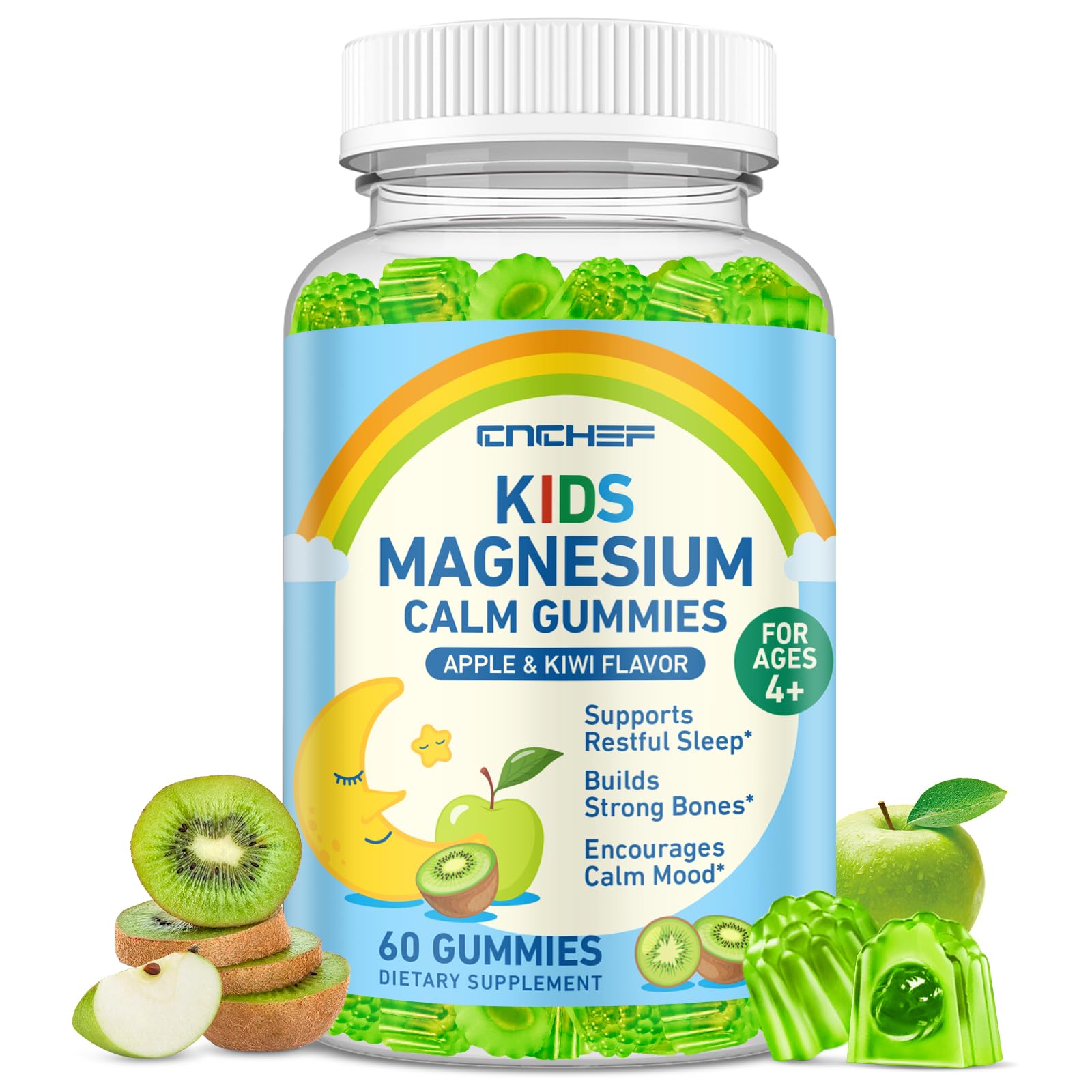 Center-Filled Magnesium Gummies for Kids 300MG - Magnesium Glycinate Gummies with L-theanine, Omega-3, Vitamin B6, D for Kids & Adults, Supplement for Sleep, Calm & Muscle Relaxation - Apple & Kiwi Apple & Kiwi 60 Count (Pack of 1)