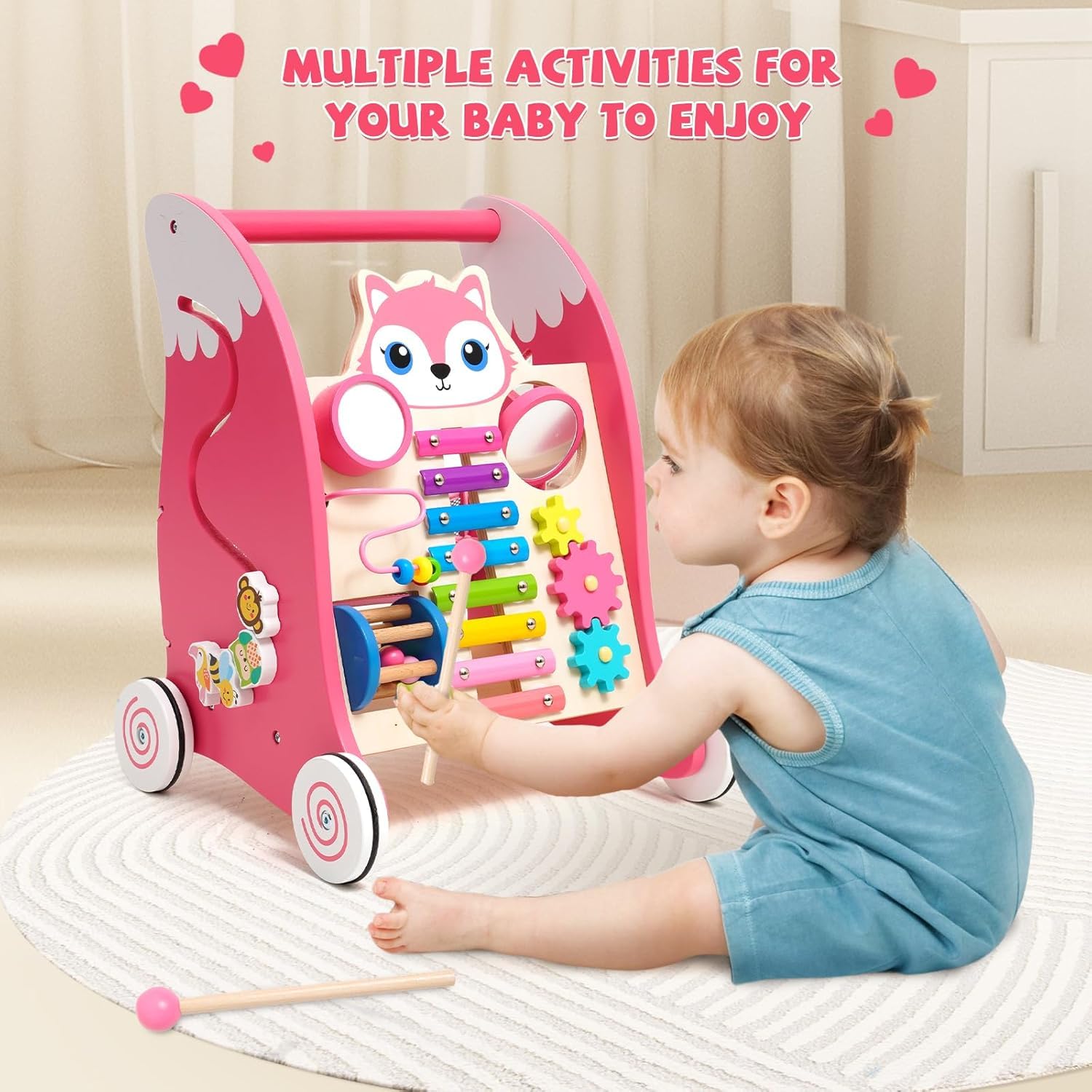 Chariot de Marche Bebe avec Xylophone, Instruments de Musique et jeu d'association de Formes.Trotteur Bebe Fille，Jouet Montessori Centre d'activités Multifonctionnel pour bébés de 6 mois et plus, Rose