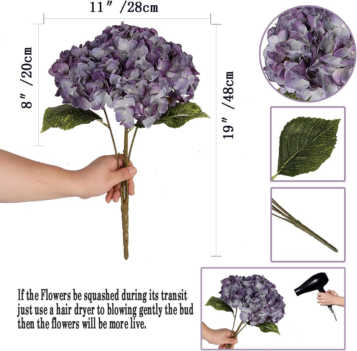 2Bouquets Artificial Fake Flowers Plants Silk Hydrangea Arrangements Wedding Bouquets Decorations Plastic Floral Home Kitchen Garden Party Festival Bar DIY (Grey Purple) - Image 3