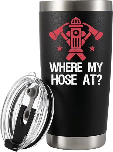 Panvola Where My Hose At Firefighter Firemen Firewomen Firefighters Gift Vacuum Insulated Tumbler with Lid and Straw Funny Stainless Steel Drinkware (20 oz)