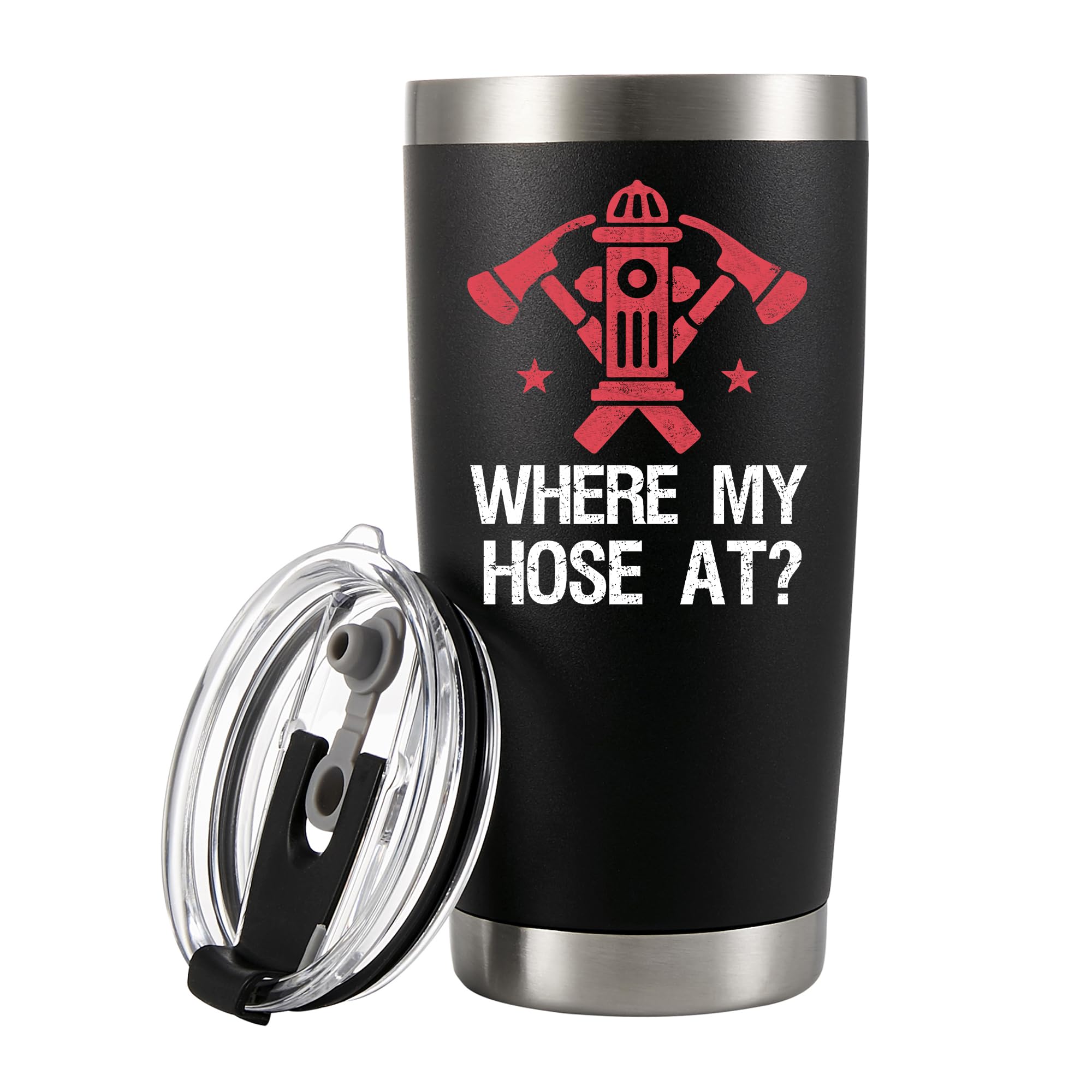 Panvola Where My Hose At Firefighter Firemen Firewomen Firefighters Gift Vacuum Insulated Tumbler with Lid and Straw Funny