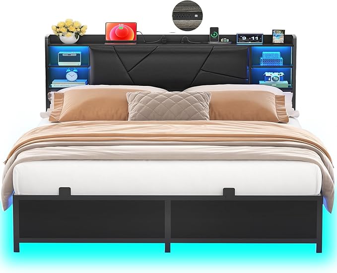 Unikito Queen Size Bed Frame with Charging Station and RGB LED Lights, Sturdy Platform Bed with Upholstered Storage Headboard, Solid Metal Slats, Noise Free, No Box Spring Needed, Easy Assembly, Black