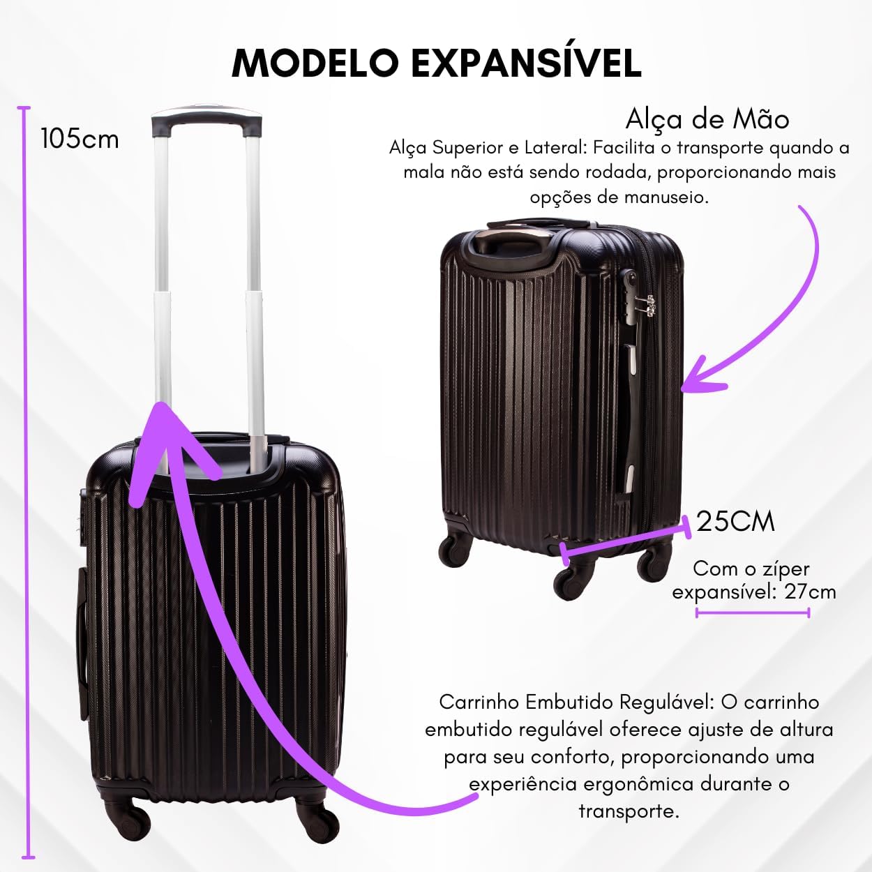Mala de Viagem de Bordo Abs 10kg Expansiva ANAC 360 Graus com Senha (Preto)