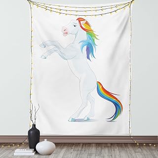 Pony Tapestry, Cartoon Graphic of Reared up Horse Rainbow Mane and Tail o Plain Backdrop, Wall Hanging for Bedroom Living Room Dorm Decor, 40" X 60", White and Multicolor
